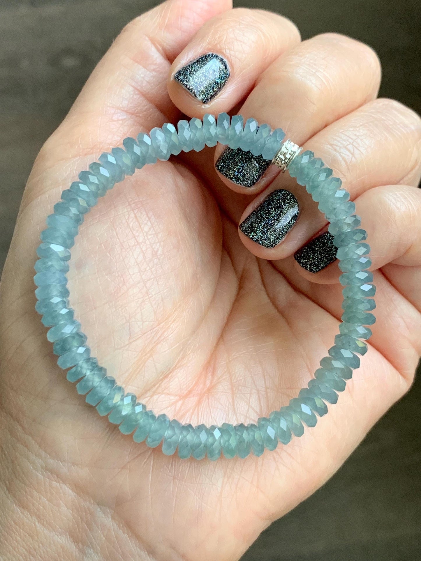 Natural Grade A Guatemalan Icy Highly Translucent Light Teal Jade Jadeite Faceted Flat Beads Beaded Bracelet 6.5” 13g 天然冰危浅蓝翡翠切割面珠手串 WLQ330