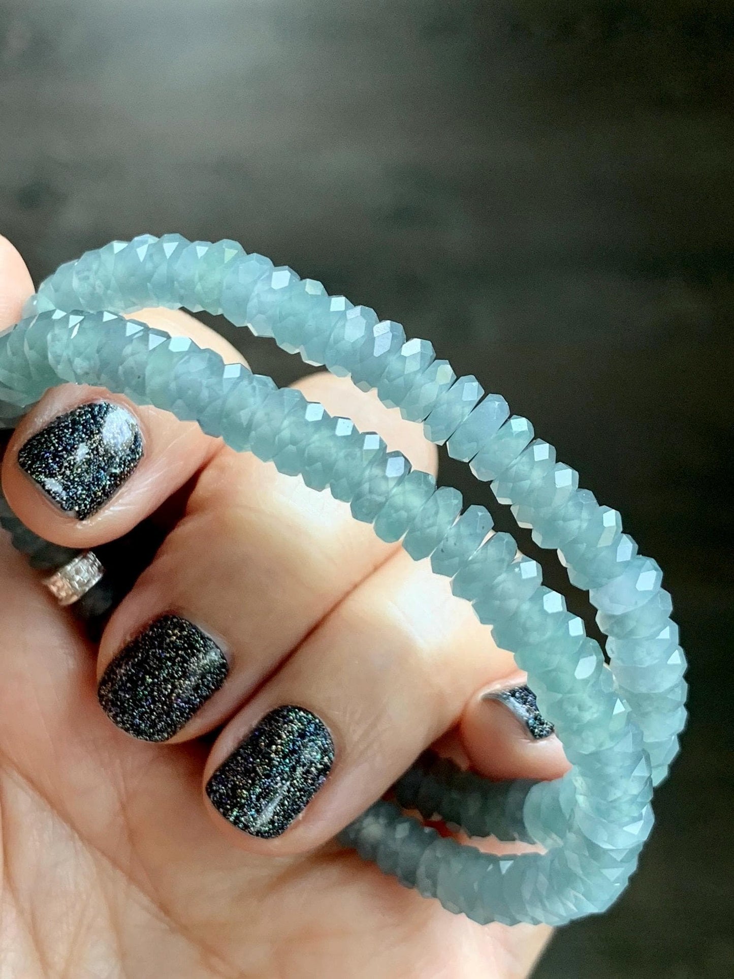 Natural Grade A Guatemalan Icy Highly Translucent Light Teal Jade Jadeite Faceted Flat Beads Beaded Bracelet 6.5” 13g 天然冰危浅蓝翡翠切割面珠手串 WLQ330