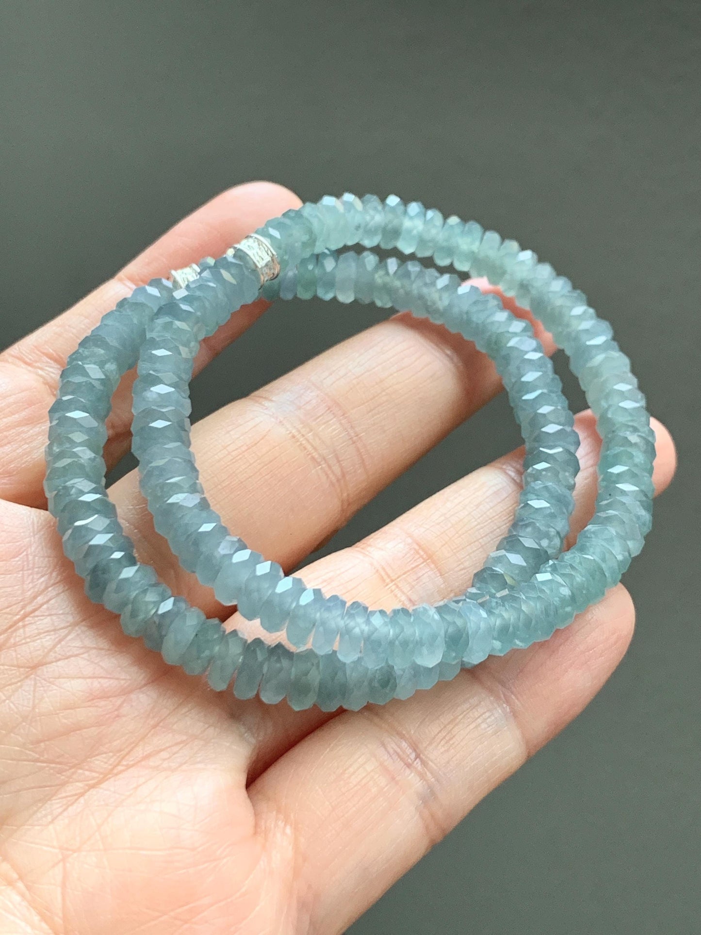Natural Grade A Guatemalan Icy Highly Translucent Light Teal Jade Jadeite Faceted Flat Beads Beaded Bracelet 6.5” 13g 天然冰危浅蓝翡翠切割面珠手串 WLQ330