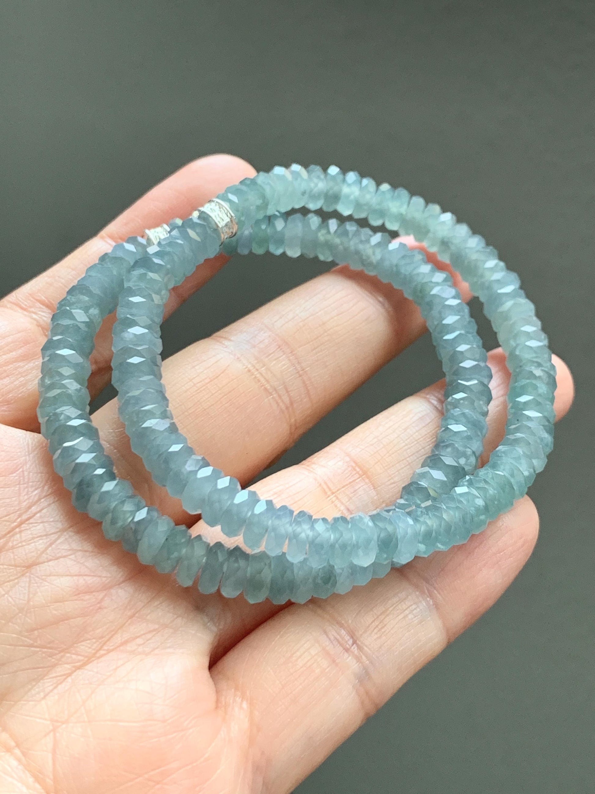 Natural Grade A Guatemalan Icy Highly Translucent Light Teal Jade Jadeite Faceted Flat Beads Beaded Bracelet 6.5” 13g 天然冰危浅蓝翡翠切割面珠手串 WLQ330