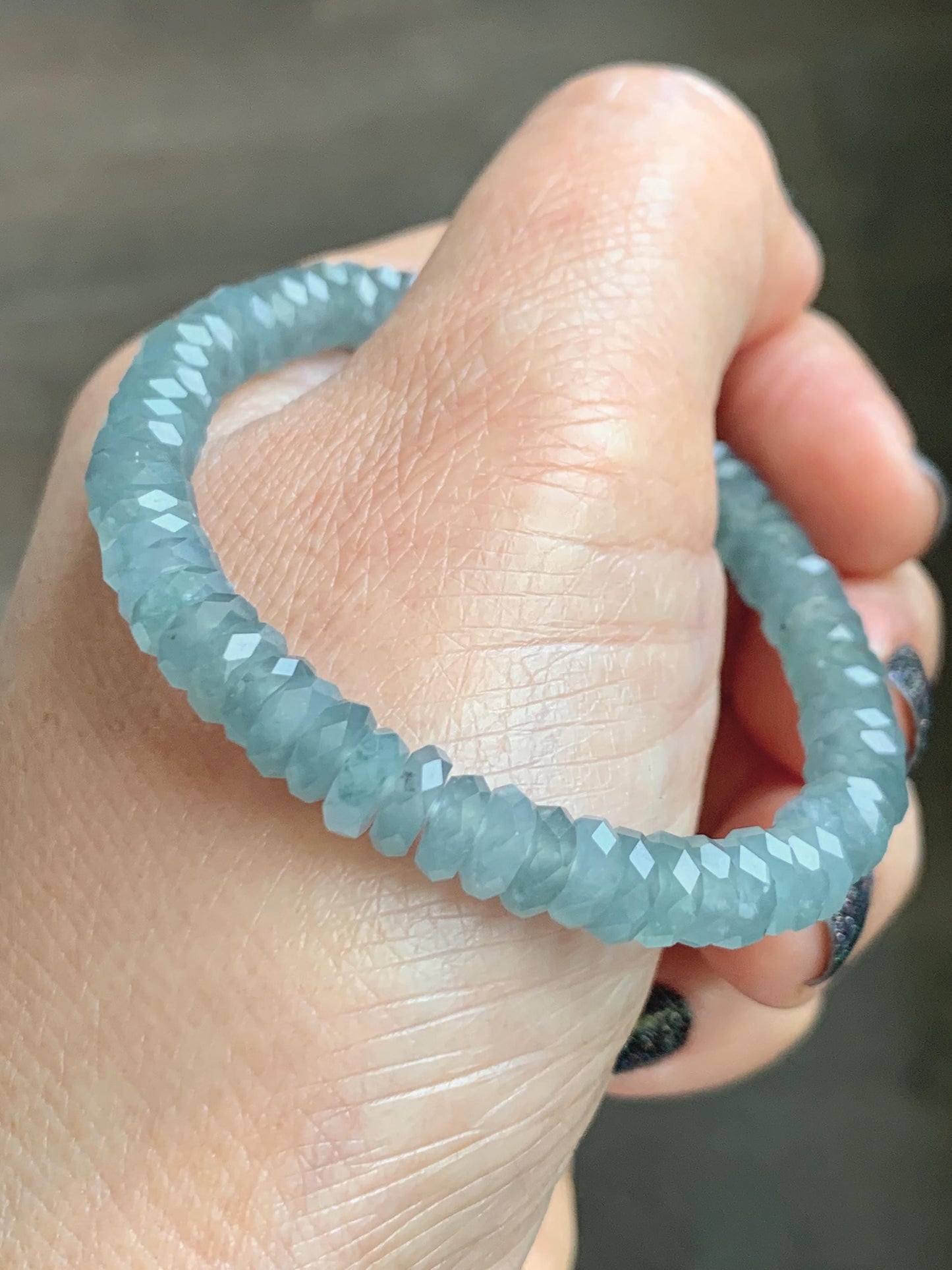 Natural Grade A Guatemalan Icy Highly Translucent Light Teal Jade Jadeite Faceted Flat Beads Beaded Bracelet 6.5” 13g 天然冰危浅蓝翡翠切割面珠手串 WLQ330