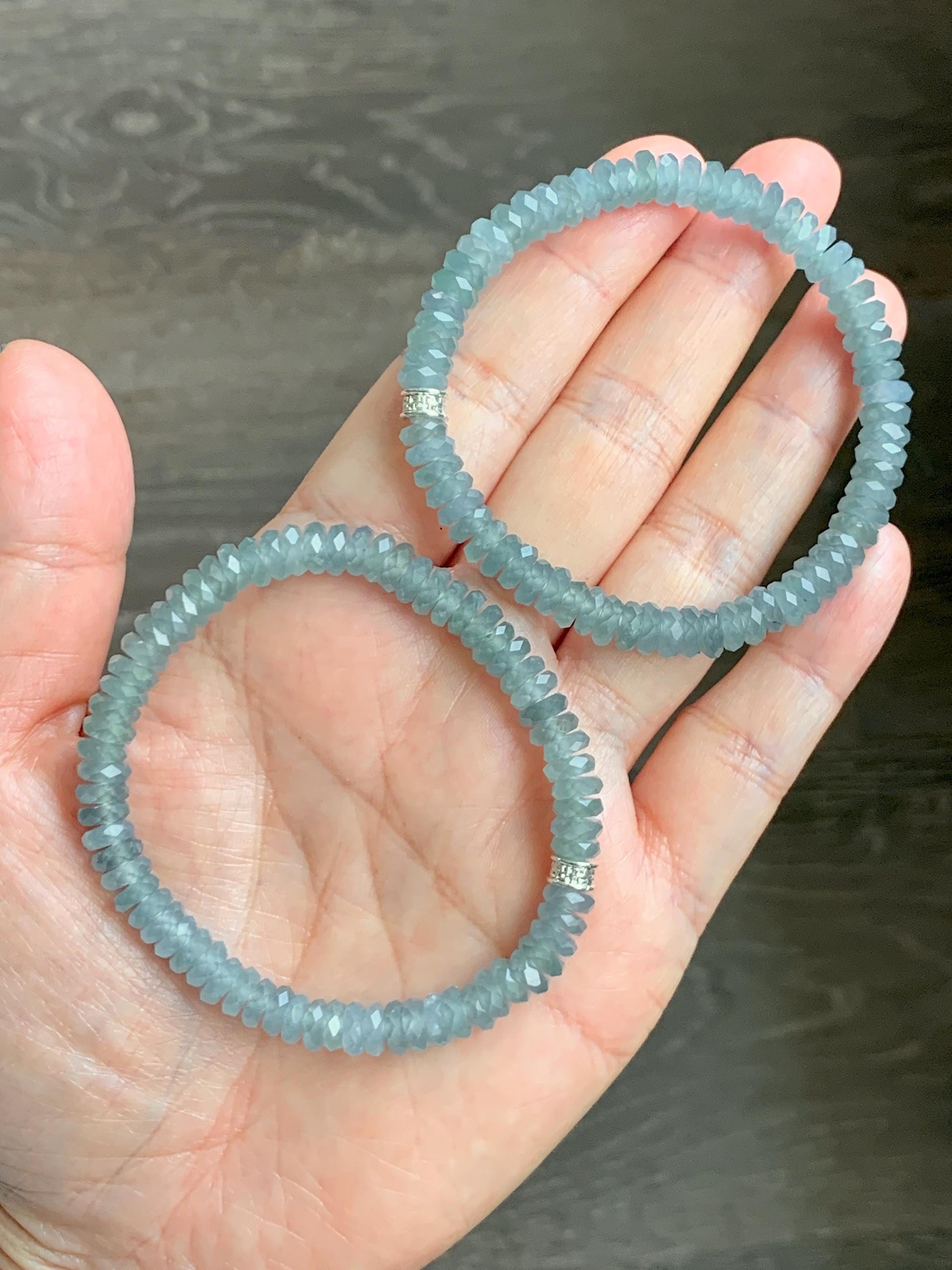 Natural Grade A Guatemalan Icy Highly Translucent Light Teal Jade Jadeite Faceted Flat Beads Beaded Bracelet 6.5” 13g 天然冰危浅蓝翡翠切割面珠手串 WLQ330