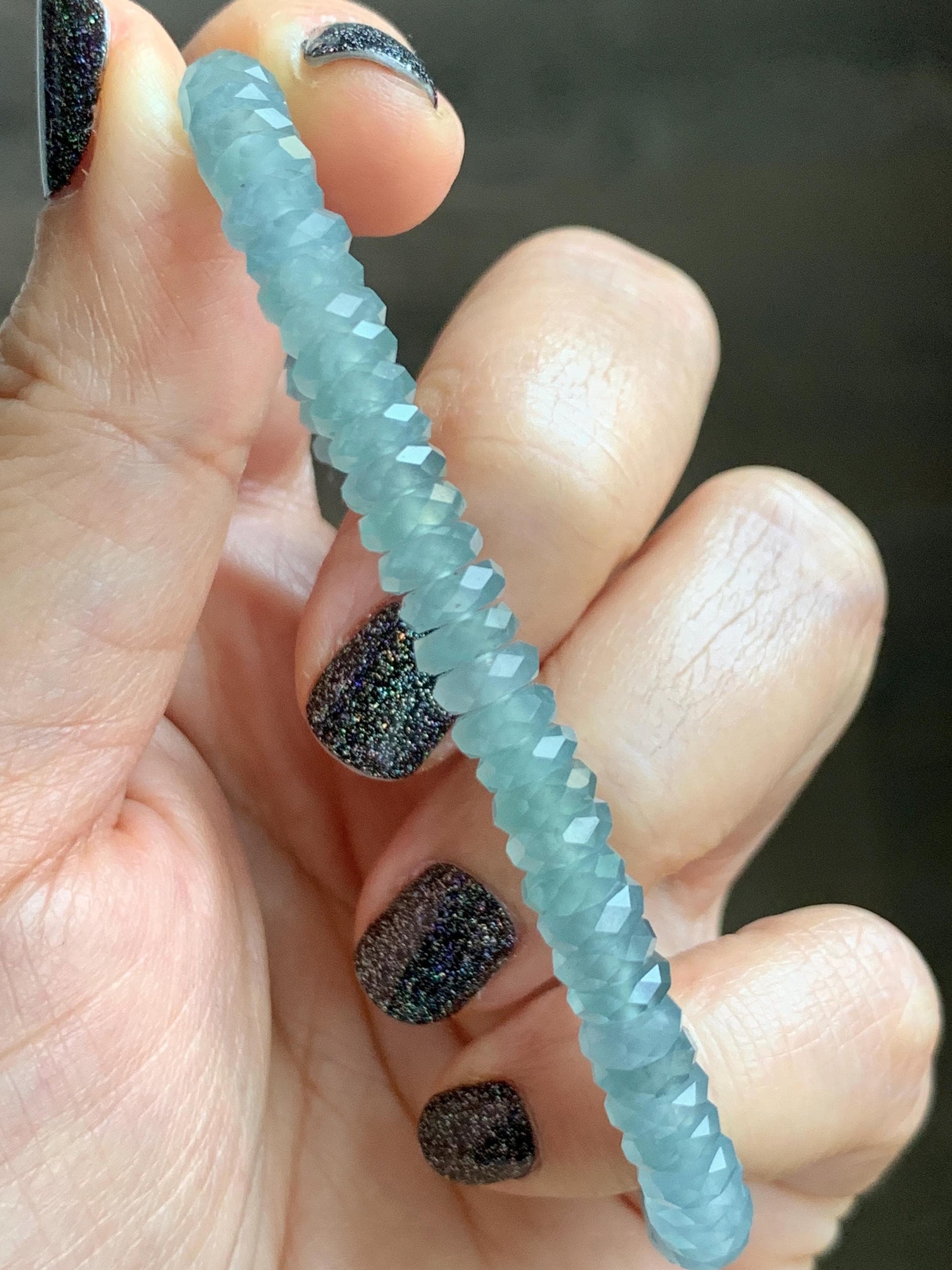 Natural Grade A Guatemalan Icy Highly Translucent Light Teal Jade Jadeite Faceted Flat Beads Beaded Bracelet 6.5” 13g 天然冰危浅蓝翡翠切割面珠手串 WLQ330