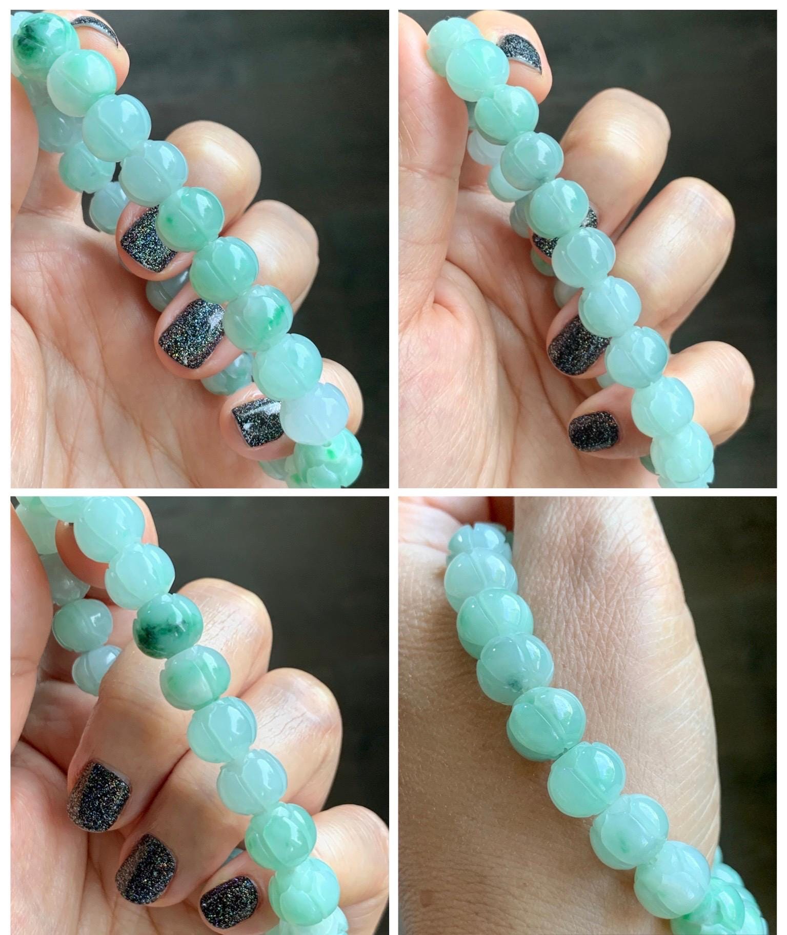 Certified Natural Grade A Icy Translucent Light Apple Green Jade Jadeite Carved Lotus Flower Beads Beaded Bracelet 7” 34g 天然冰胶浅果绿翡翠莲花珠手串 089