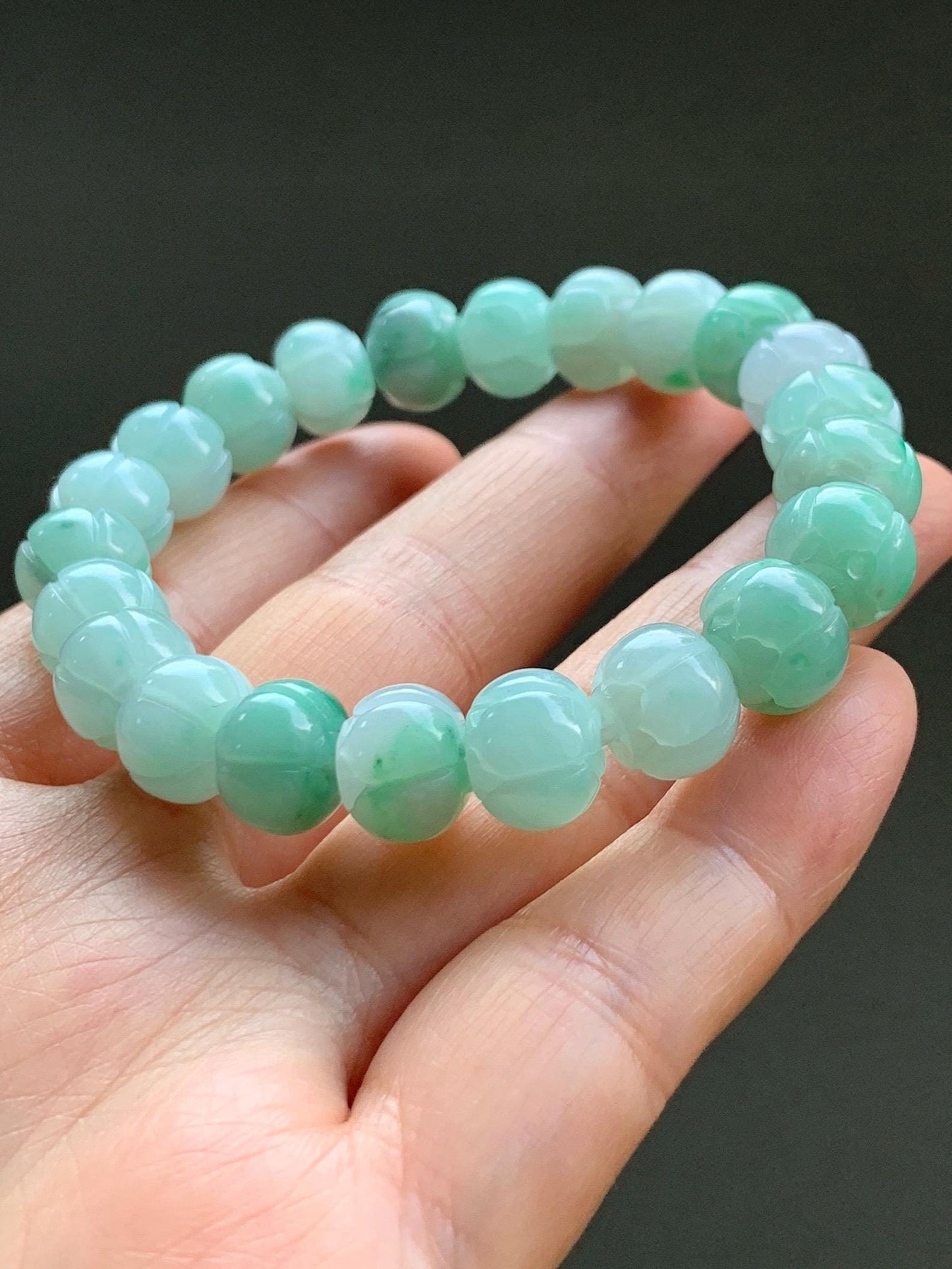Certified Natural Grade A Icy Translucent Light Apple Green Jade Jadeite Carved Lotus Flower Beads Beaded Bracelet 7” 34g 天然冰胶浅果绿翡翠莲花珠手串 089