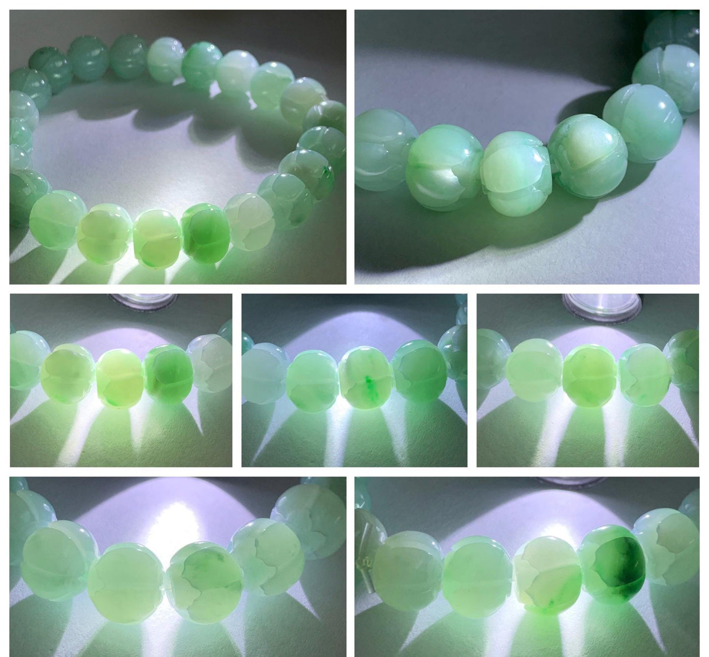 Certified Natural Grade A Icy Translucent Light Apple Green Jade Jadeite Carved Lotus Flower Beads Beaded Bracelet 7” 34g 天然冰胶浅果绿翡翠莲花珠手串 089