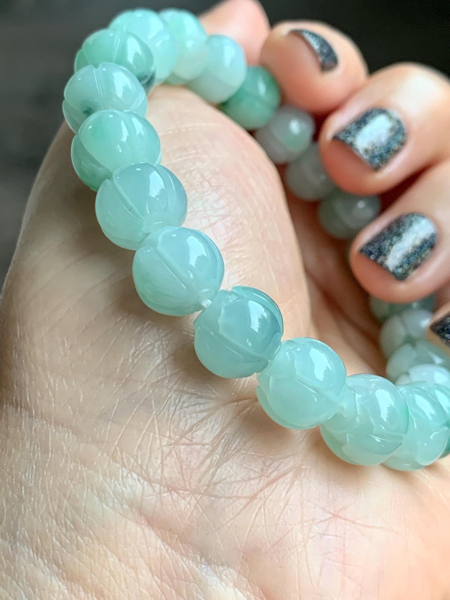 Certified Natural Grade A Icy Translucent Light Apple Green Jade Jadeite Carved Lotus Flower Beads Beaded Bracelet 7” 34g 天然冰胶浅果绿翡翠莲花珠手串 089