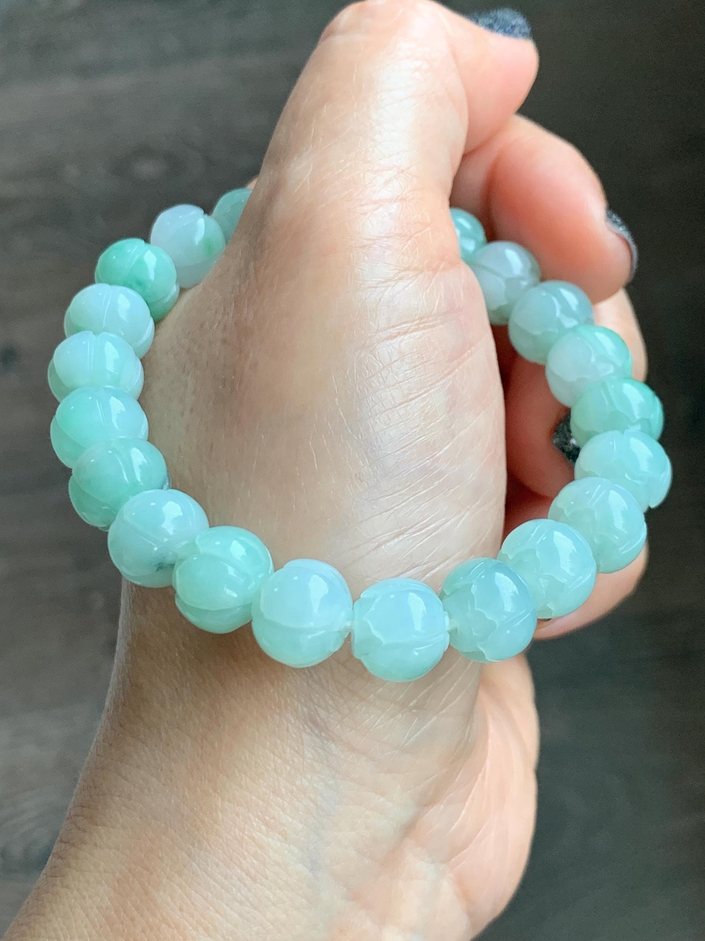 Certified Natural Grade A Icy Translucent Light Apple Green Jade Jadeite Carved Lotus Flower Beads Beaded Bracelet 7” 34g 天然冰胶浅果绿翡翠莲花珠手串 089