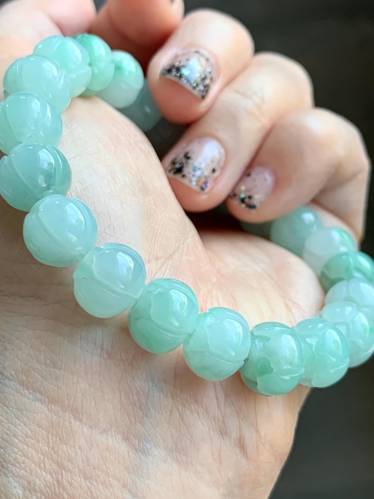 Certified Natural Grade A Icy Translucent Light Apple Green Jade Jadeite Carved Lotus Flower Beads Beaded Bracelet 7” 34g 天然冰胶浅果绿翡翠莲花珠手串 089