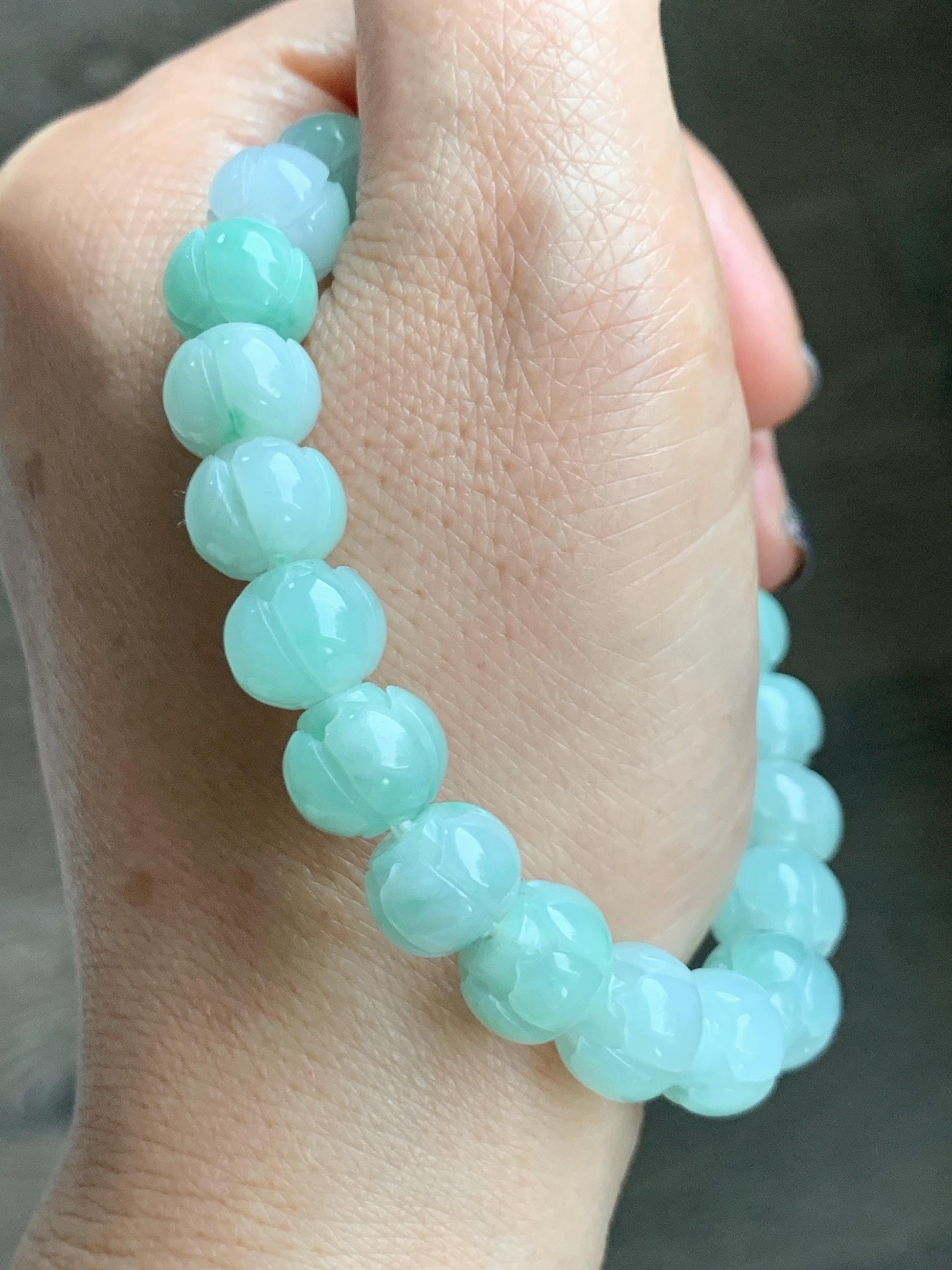 Certified Natural Grade A Icy Translucent Light Apple Green Jade Jadeite Carved Lotus Flower Beads Beaded Bracelet 7” 34g 天然冰胶浅果绿翡翠莲花珠手串 089