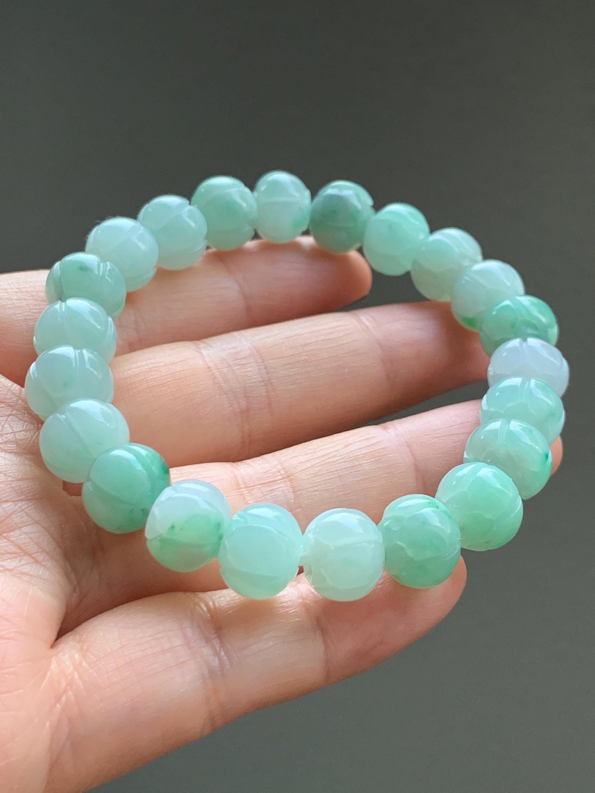 Certified Natural Grade A Icy Translucent Light Apple Green Jade Jadeite Carved Lotus Flower Beads Beaded Bracelet 7” 34g 天然冰胶浅果绿翡翠莲花珠手串 089
