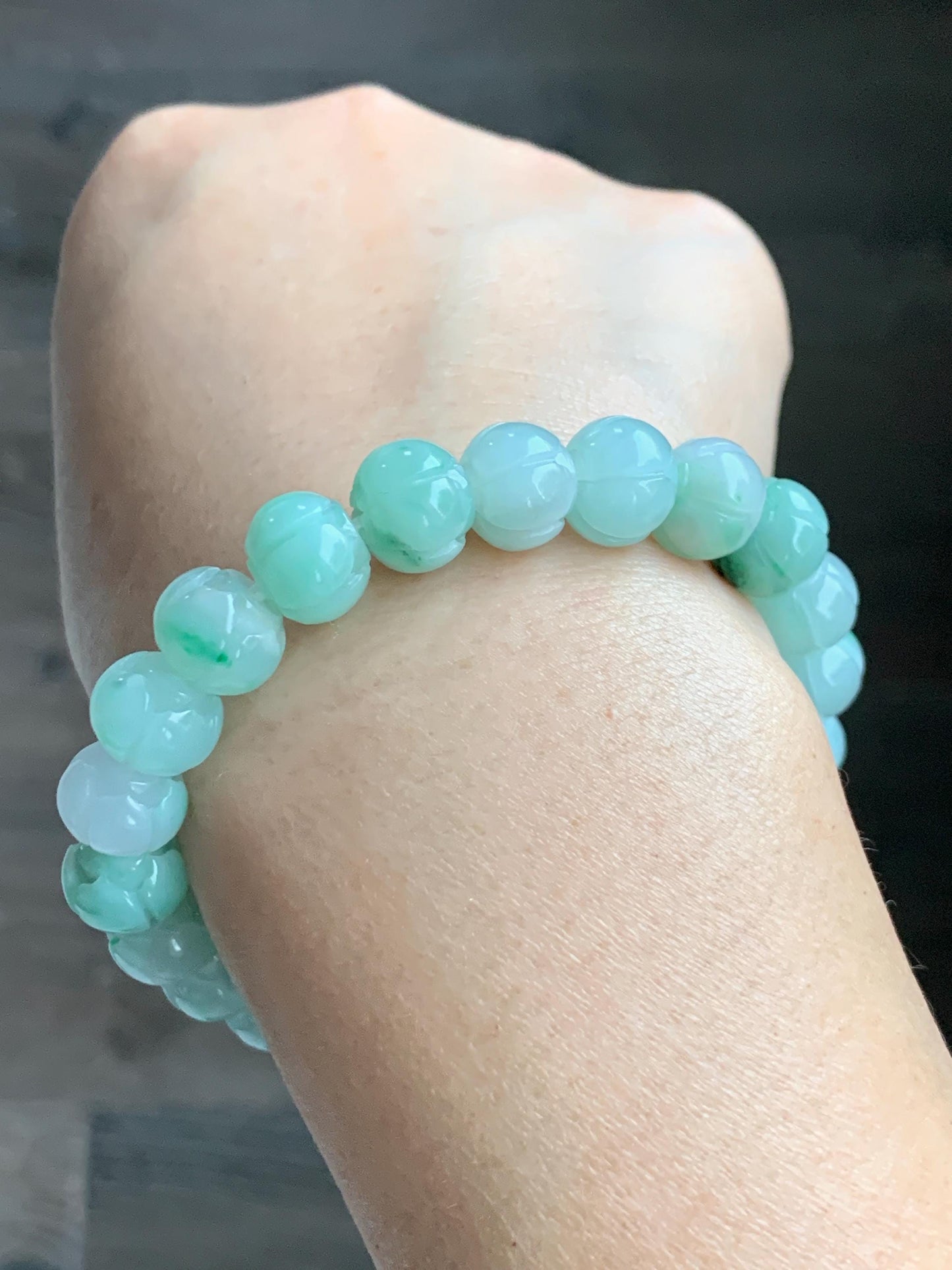 Certified Natural Grade A Icy Translucent Light Apple Green Jade Jadeite Carved Lotus Flower Beads Beaded Bracelet 7” 34g 天然冰胶浅果绿翡翠莲花珠手串 089