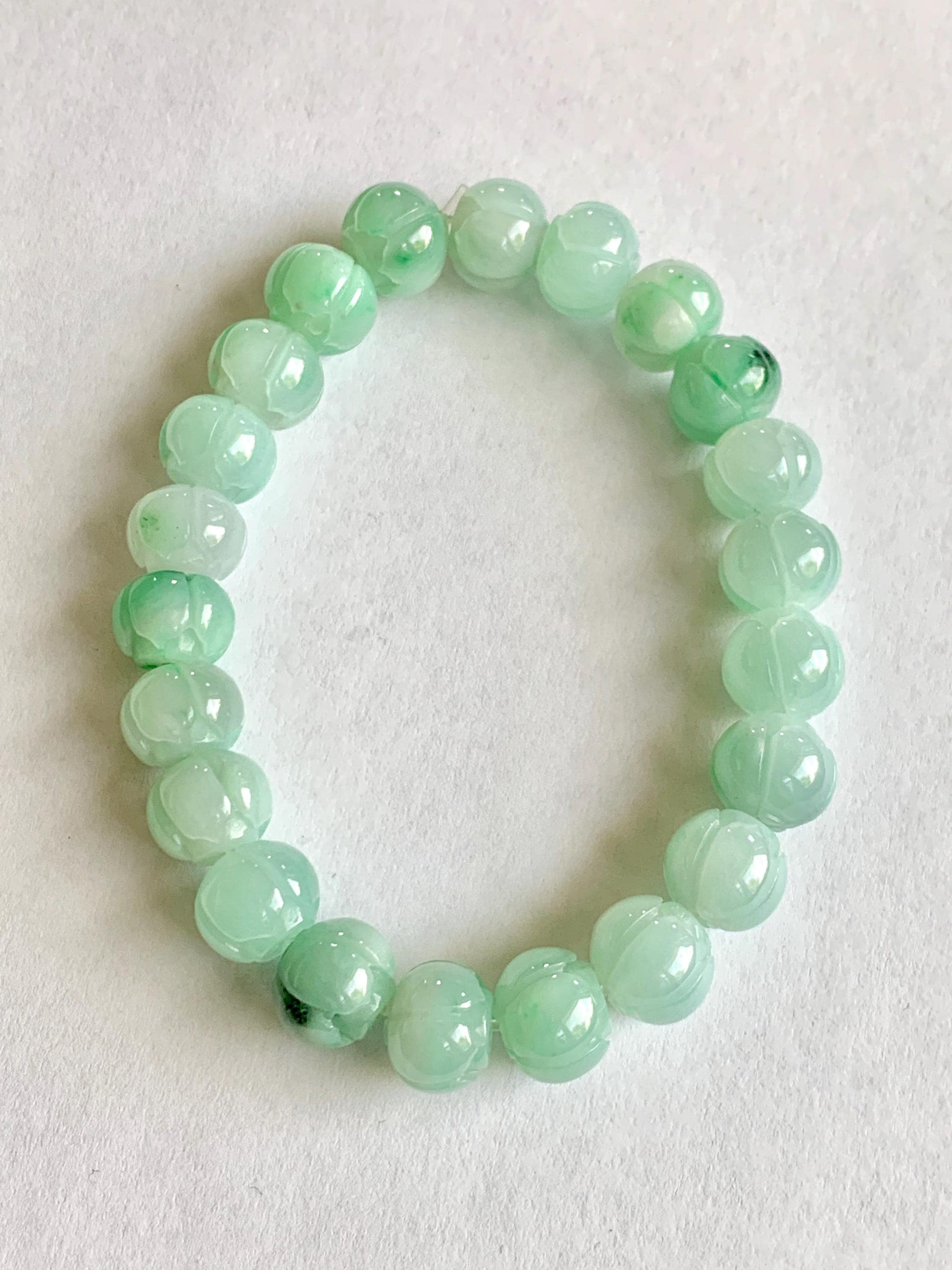 Certified Natural Grade A Icy Translucent Light Apple Green Jade Jadeite Carved Lotus Flower Beads Beaded Bracelet 7” 34g 天然冰胶浅果绿翡翠莲花珠手串 089