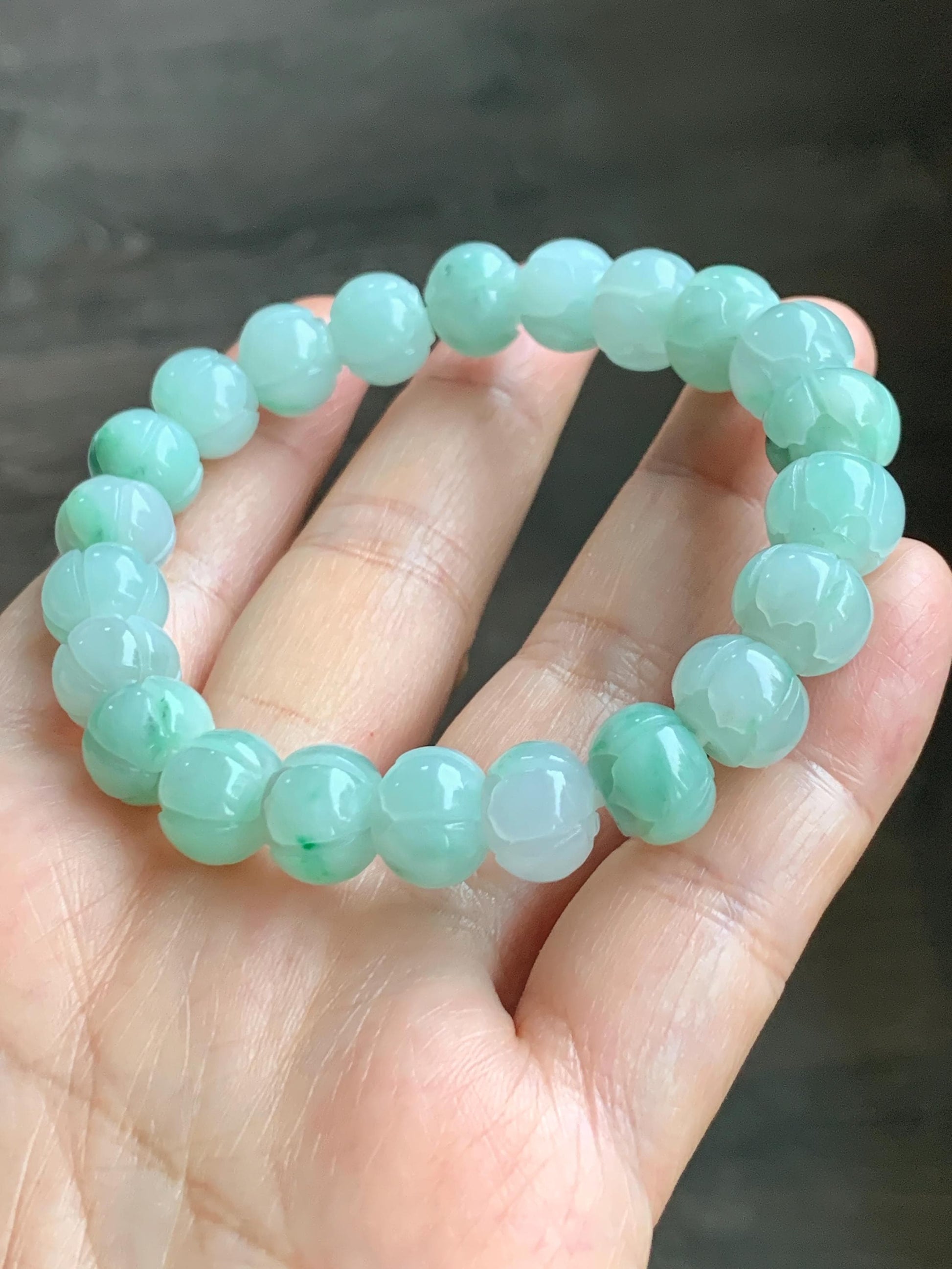 Certified Natural Grade A Icy Translucent Light Apple Green Jade Jadeite Carved Lotus Flower Beads Beaded Bracelet 7” 34g 天然冰胶浅果绿翡翠莲花珠手串 089