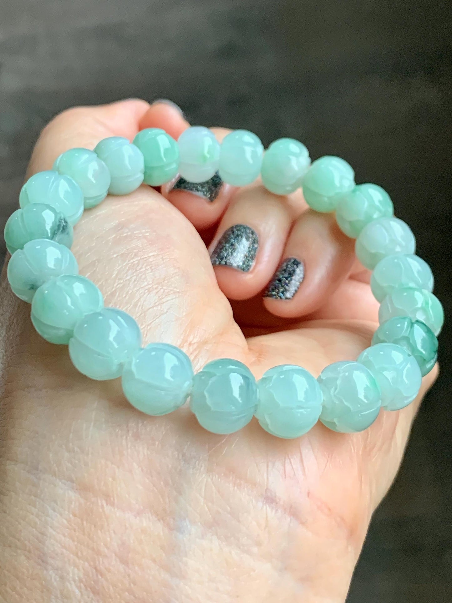 Certified Natural Grade A Icy Translucent Light Apple Green Jade Jadeite Carved Lotus Flower Beads Beaded Bracelet 7” 34g 天然冰胶浅果绿翡翠莲花珠手串 089