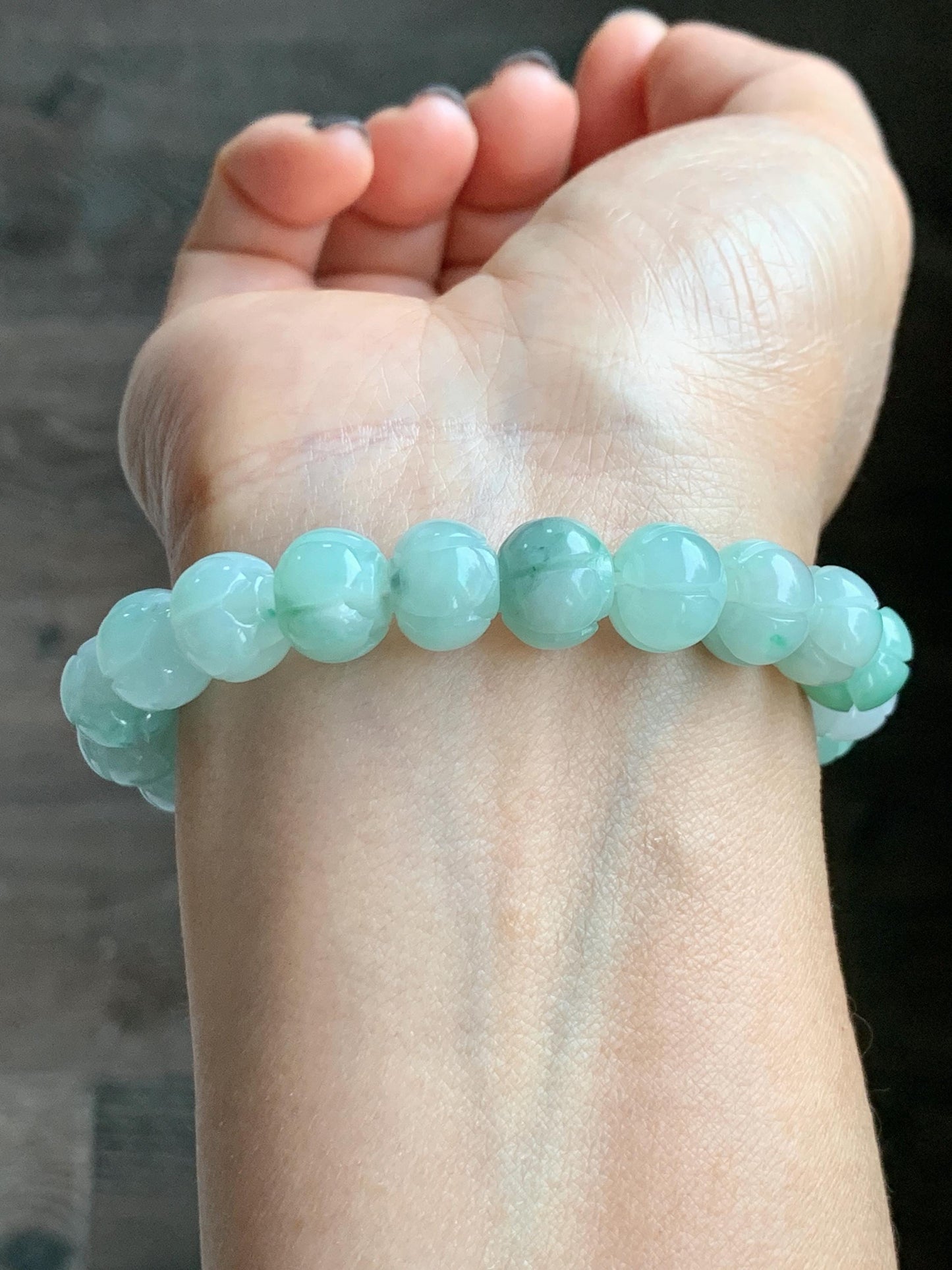 Certified Natural Grade A Icy Translucent Light Apple Green Jade Jadeite Carved Lotus Flower Beads Beaded Bracelet 7” 34g 天然冰胶浅果绿翡翠莲花珠手串 089