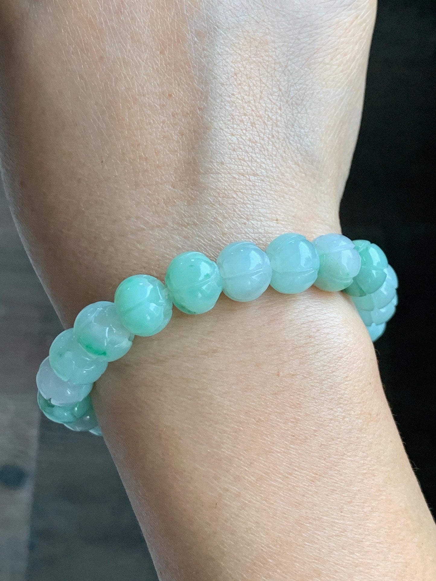 Certified Natural Grade A Icy Translucent Light Apple Green Jade Jadeite Carved Lotus Flower Beads Beaded Bracelet 7” 34g 天然冰胶浅果绿翡翠莲花珠手串 089