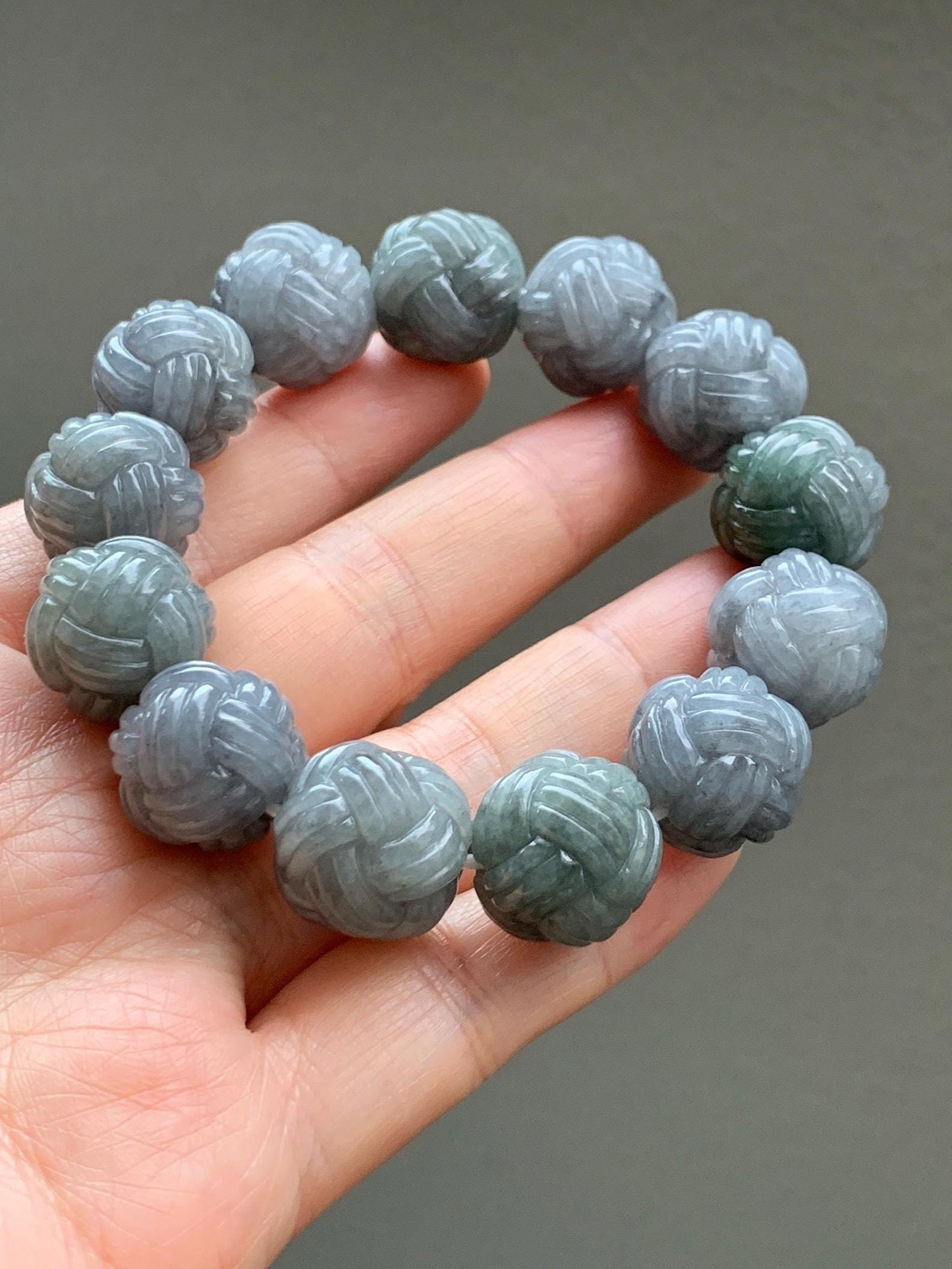 Certified Natural Grade A Icy Translucent Gray Wuji Jade Jadeite Carved Love Knot Beads Beaded Bracelet 15.8mm 7” 84g 天然冰胶乌鸡翡翠爱心结圆珠手串 088