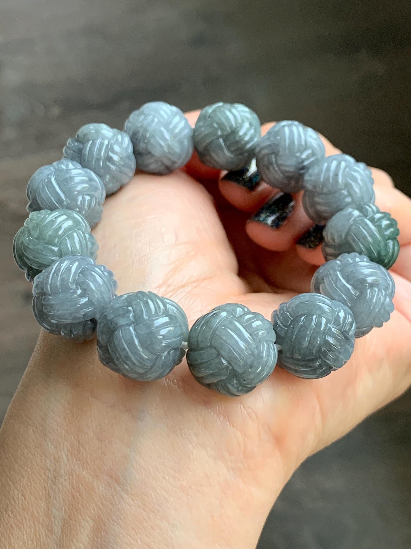 Certified Natural Grade A Icy Translucent Gray Wuji Jade Jadeite Carved Love Knot Beads Beaded Bracelet 15.8mm 7” 84g 天然冰胶乌鸡翡翠爱心结圆珠手串 088