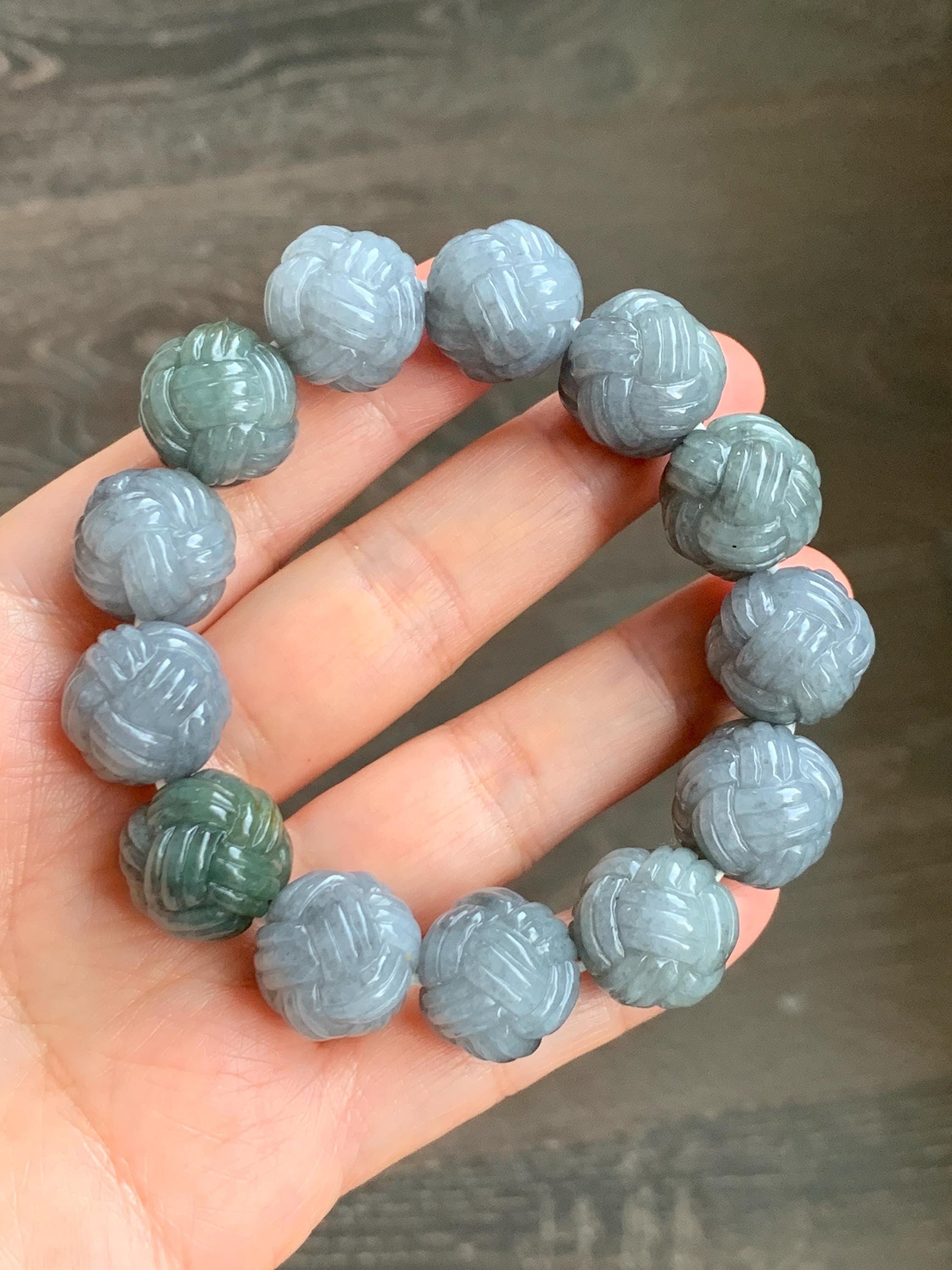 Certified Natural Grade A Icy Translucent Gray Wuji Jade Jadeite Carved Love Knot Beads Beaded Bracelet 15.8mm 7” 84g 天然冰胶乌鸡翡翠爱心结圆珠手串 088