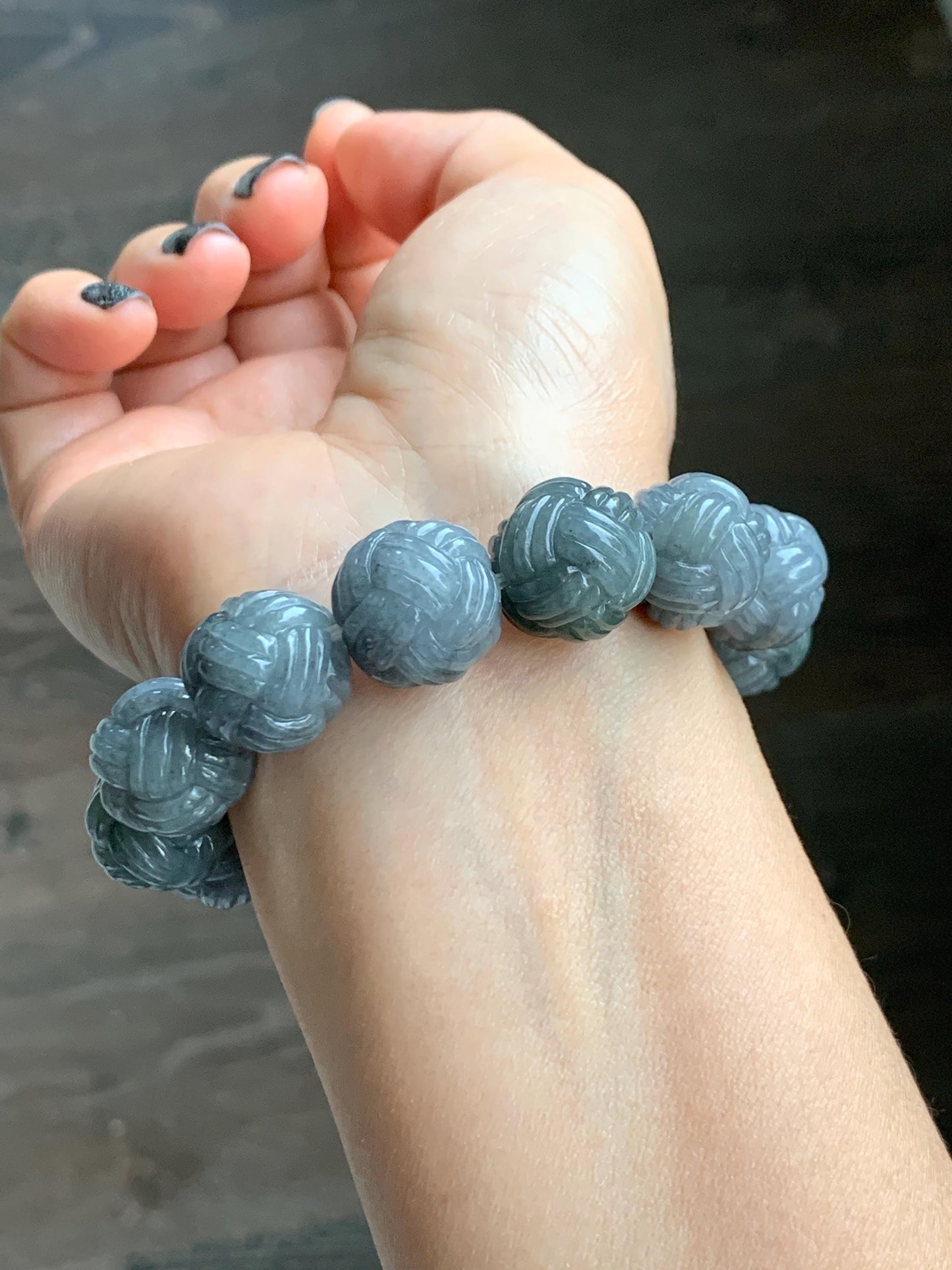 Certified Natural Grade A Icy Translucent Gray Wuji Jade Jadeite Carved Love Knot Beads Beaded Bracelet 15.8mm 7” 84g 天然冰胶乌鸡翡翠爱心结圆珠手串 088