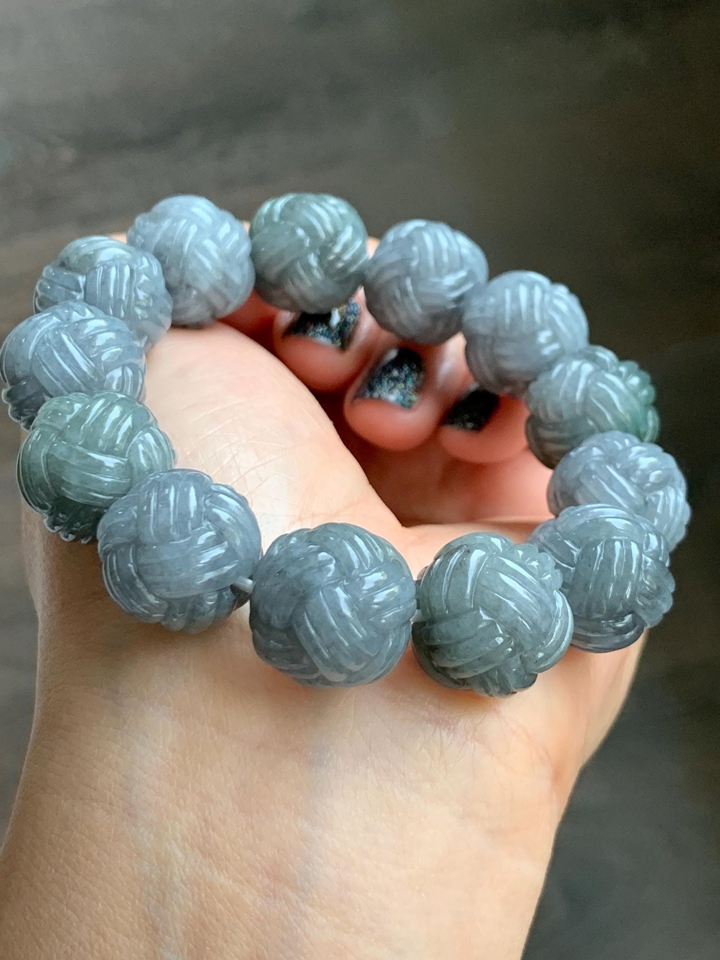 Certified Natural Grade A Icy Translucent Gray Wuji Jade Jadeite Carved Love Knot Beads Beaded Bracelet 15.8mm 7” 84g 天然冰胶乌鸡翡翠爱心结圆珠手串 088