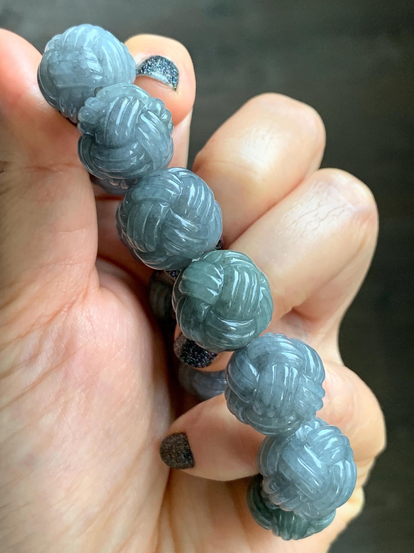 Certified Natural Grade A Icy Translucent Gray Wuji Jade Jadeite Carved Love Knot Beads Beaded Bracelet 15.8mm 7” 84g 天然冰胶乌鸡翡翠爱心结圆珠手串 088