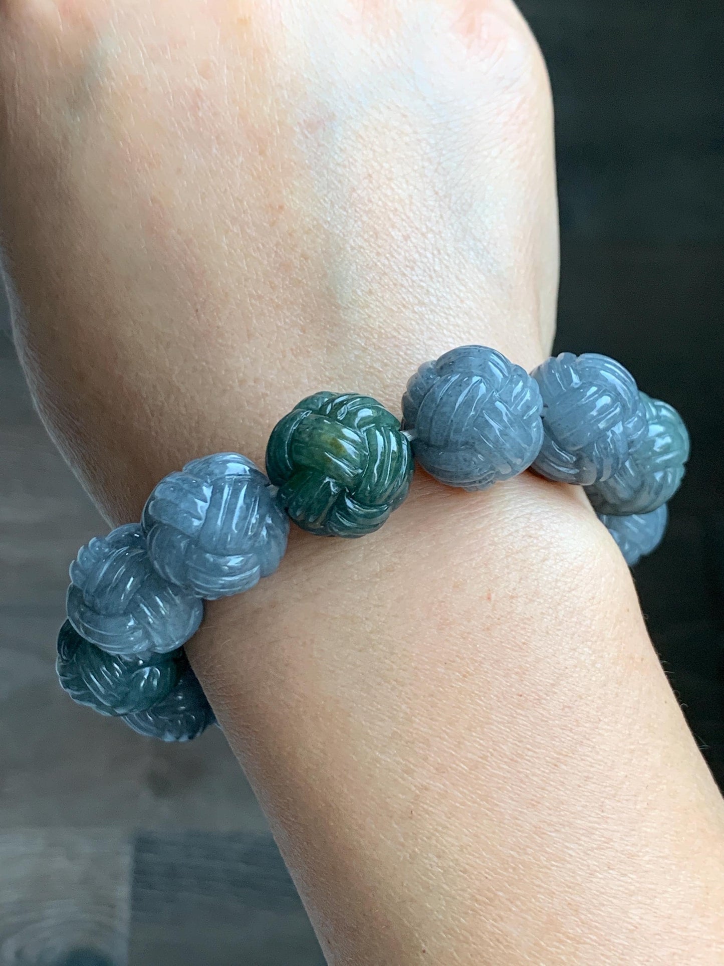 Certified Natural Grade A Icy Translucent Gray Wuji Jade Jadeite Carved Love Knot Beads Beaded Bracelet 15.8mm 7” 84g 天然冰胶乌鸡翡翠爱心结圆珠手串 088
