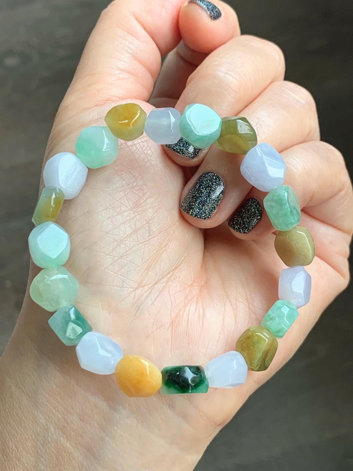 Certified Natural Grade A Icy Translucent Multicolored Jade Jadeite Nugget Rock Candy Beads Beaded Bracelet 7” 25g 天然冰胶多宝翡翠糖果珠手串 091