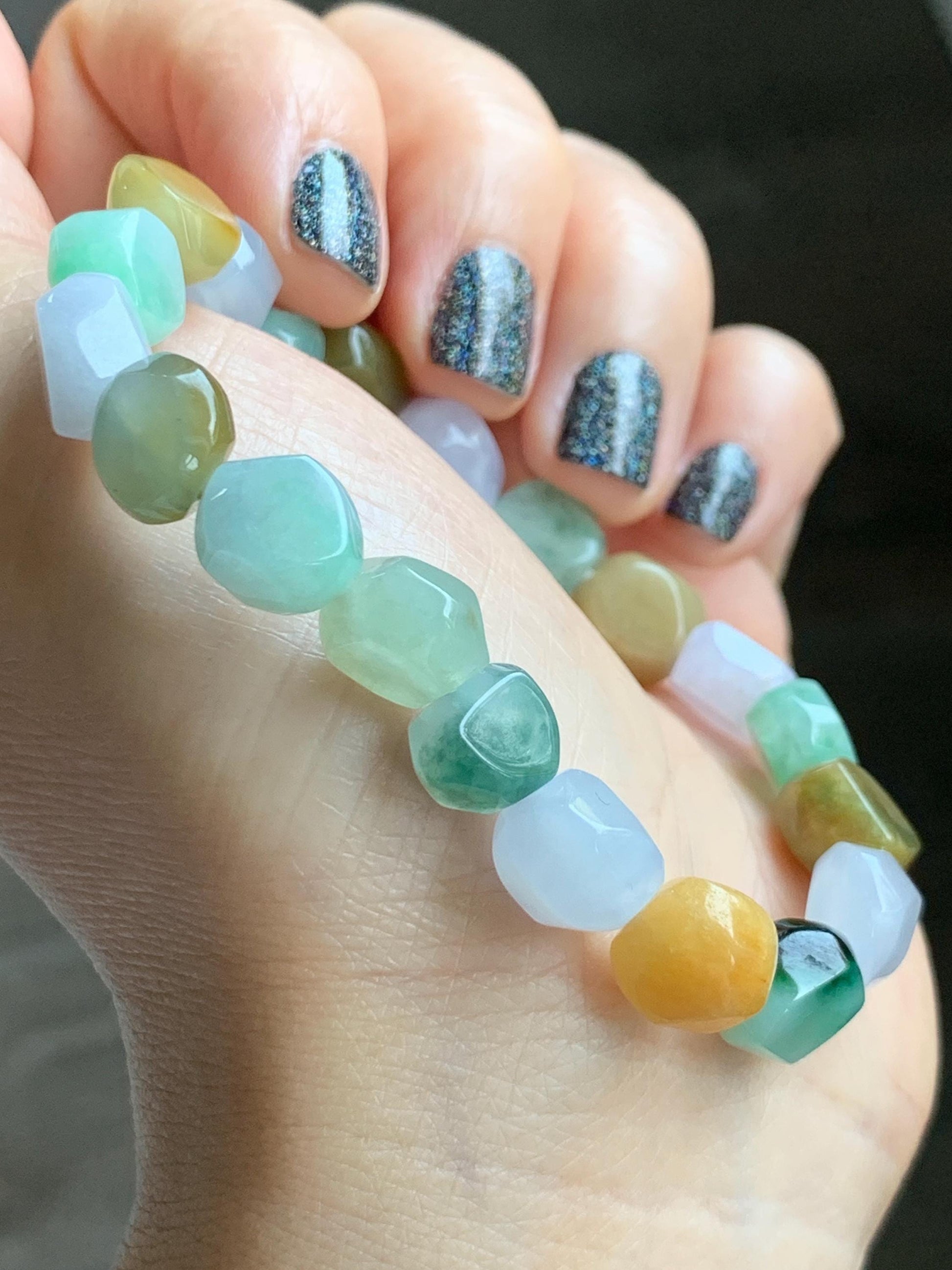 Certified Natural Grade A Icy Translucent Multicolored Jade Jadeite Nugget Rock Candy Beads Beaded Bracelet 7” 25g 天然冰胶多宝翡翠糖果珠手串 091