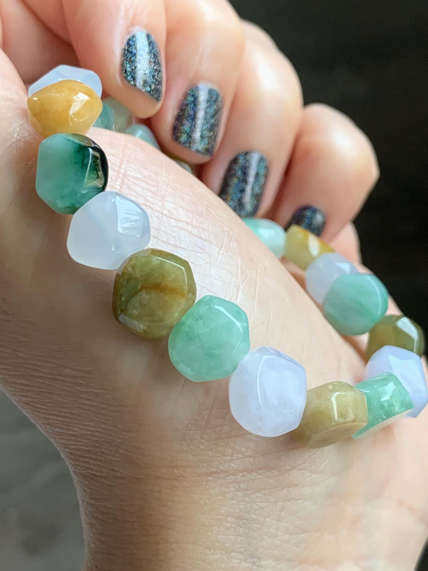 Certified Natural Grade A Icy Translucent Multicolored Jade Jadeite Nugget Rock Candy Beads Beaded Bracelet 7” 25g 天然冰胶多宝翡翠糖果珠手串 091