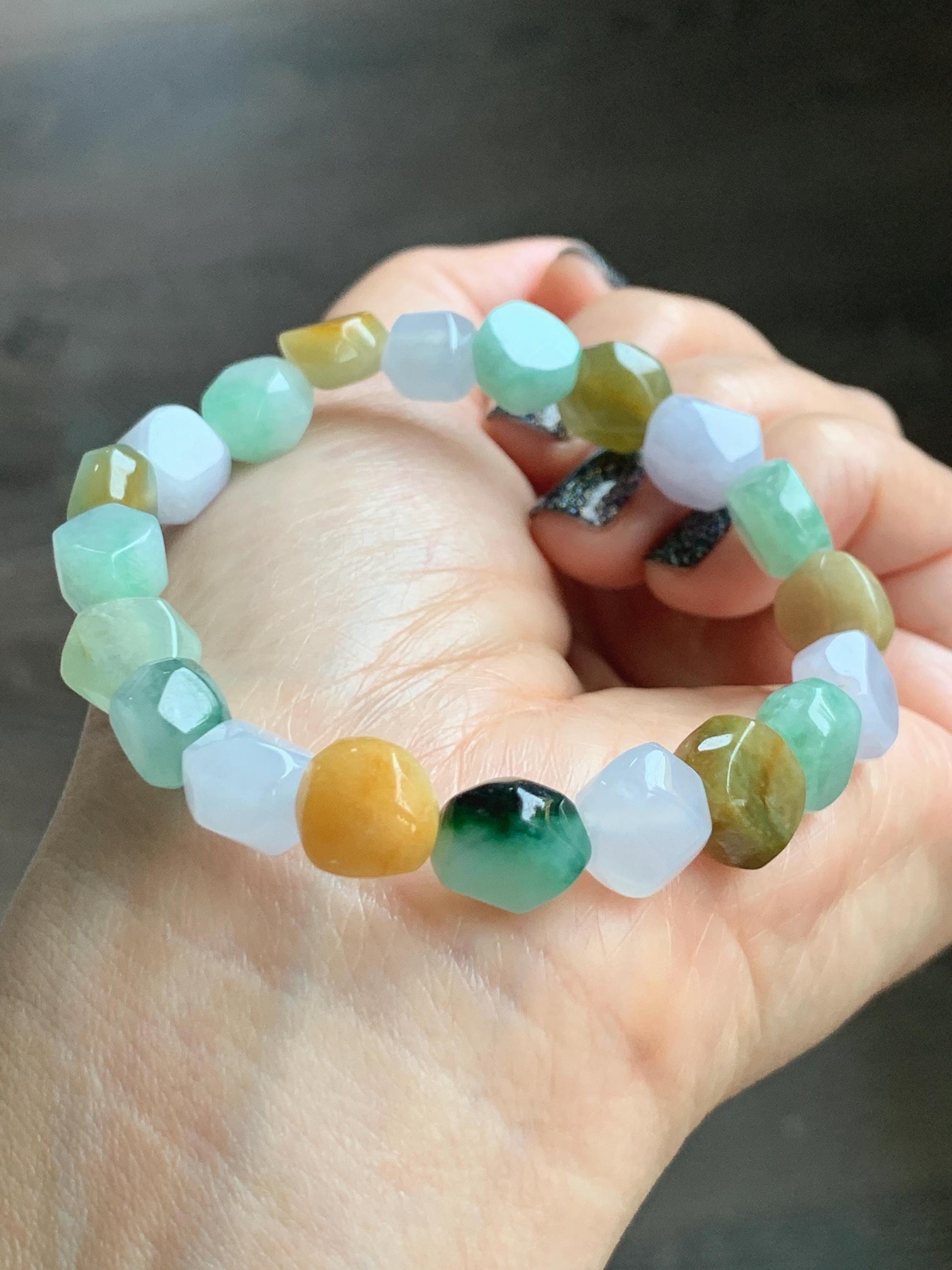 Certified Natural Grade A Icy Translucent Multicolored Jade Jadeite Nugget Rock Candy Beads Beaded Bracelet 7” 25g 天然冰胶多宝翡翠糖果珠手串 091