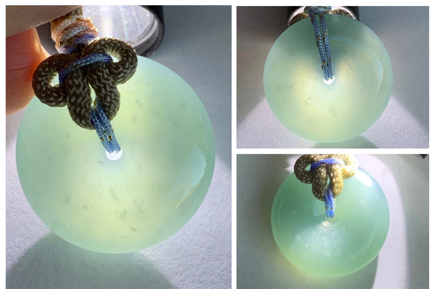 Natural Grade A Guatemalan Icy Highly Translucent Dusty Blue Jade Jadeite Ping An Kou Donut Pendant Rope Necklace 25" 天然冰危蓝翡翠平安扣吊坠项链 WLP88