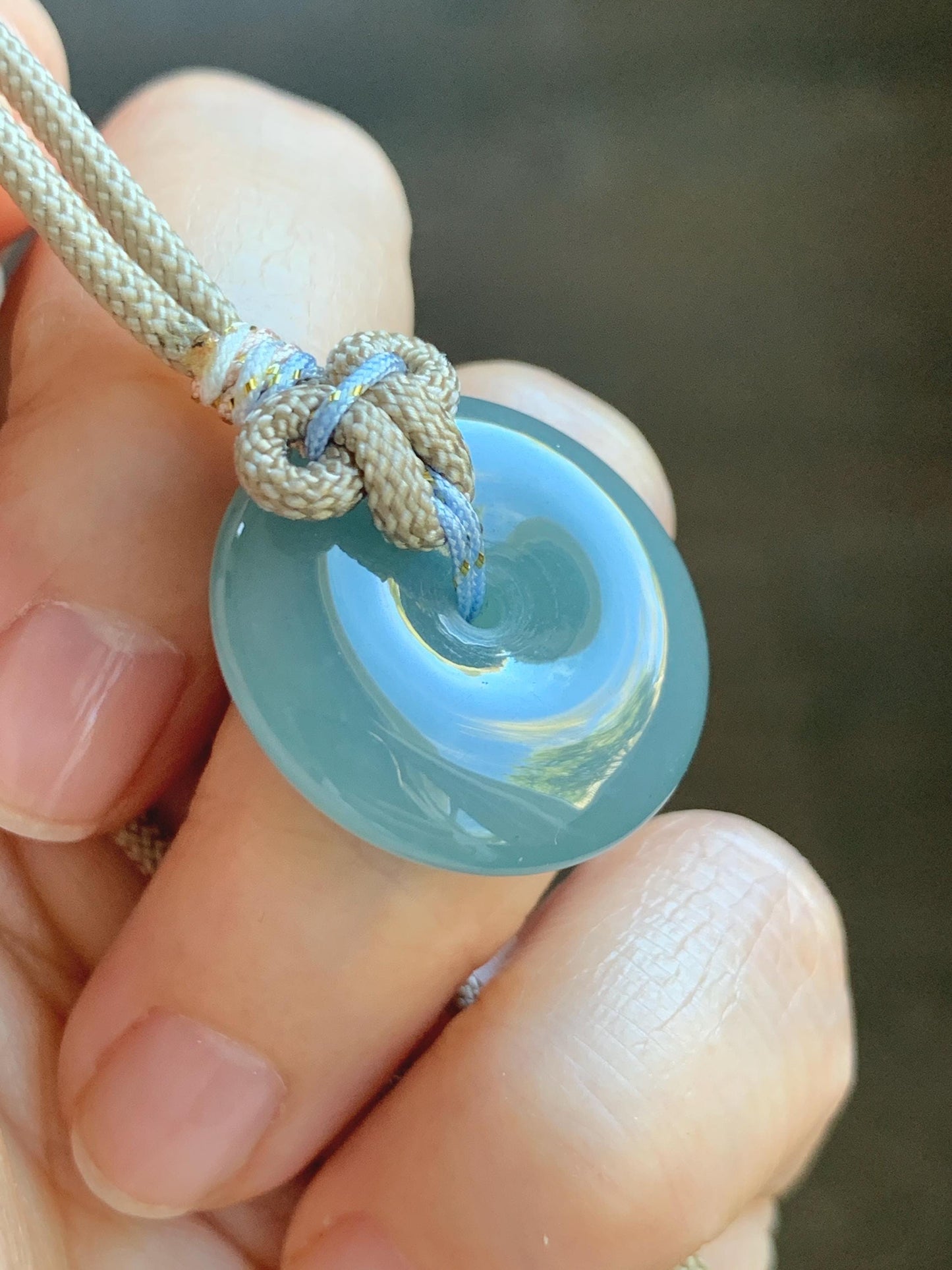 Natural Grade A Guatemalan Icy Highly Translucent Dusty Blue Jade Jadeite Ping An Kou Donut Pendant Rope Necklace 25" 天然冰危蓝翡翠平安扣吊坠项链 WLP88
