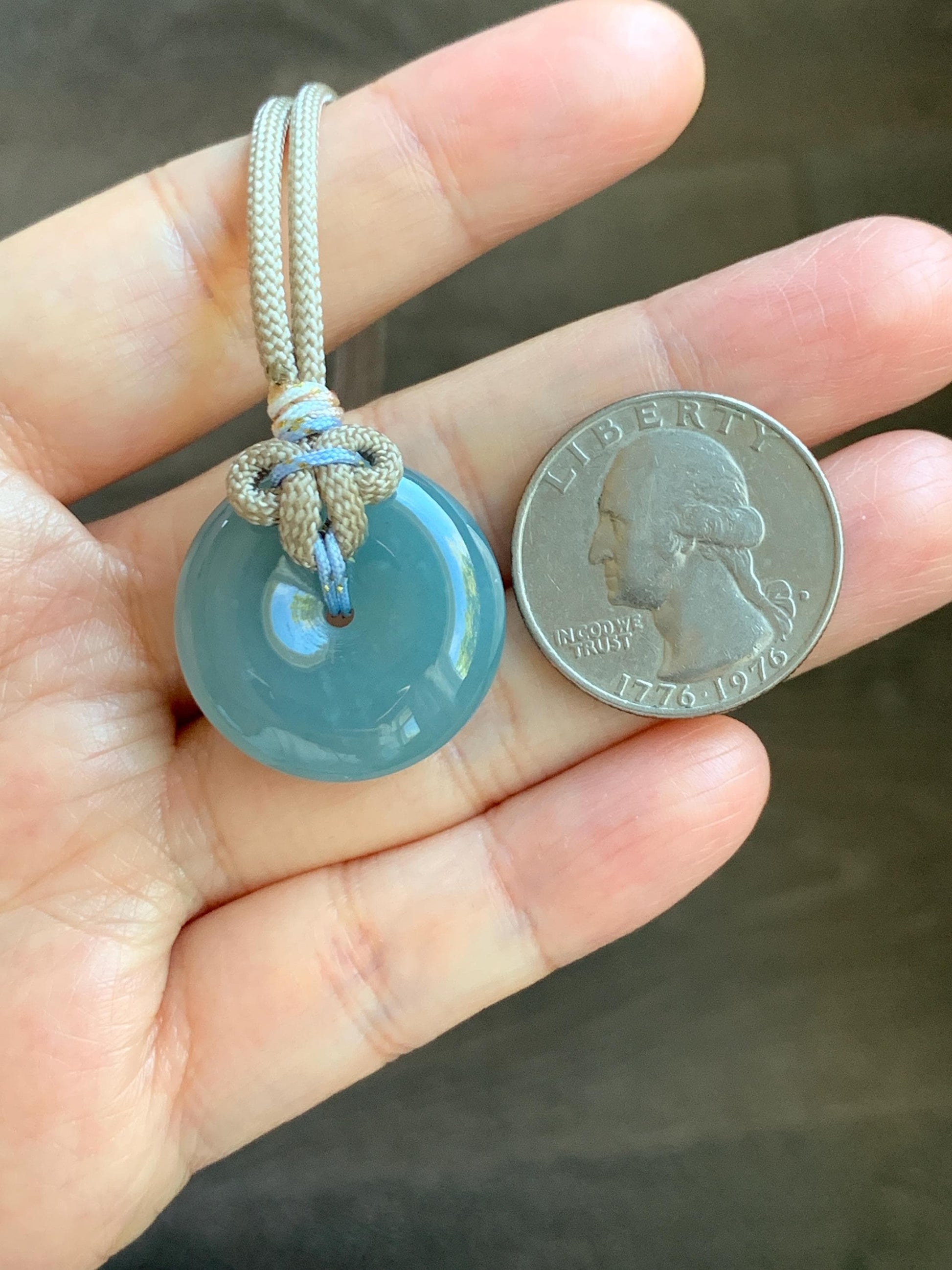 Natural Grade A Guatemalan Icy Highly Translucent Dusty Blue Jade Jadeite Ping An Kou Donut Pendant Rope Necklace 25" 天然冰危蓝翡翠平安扣吊坠项链 WLP88