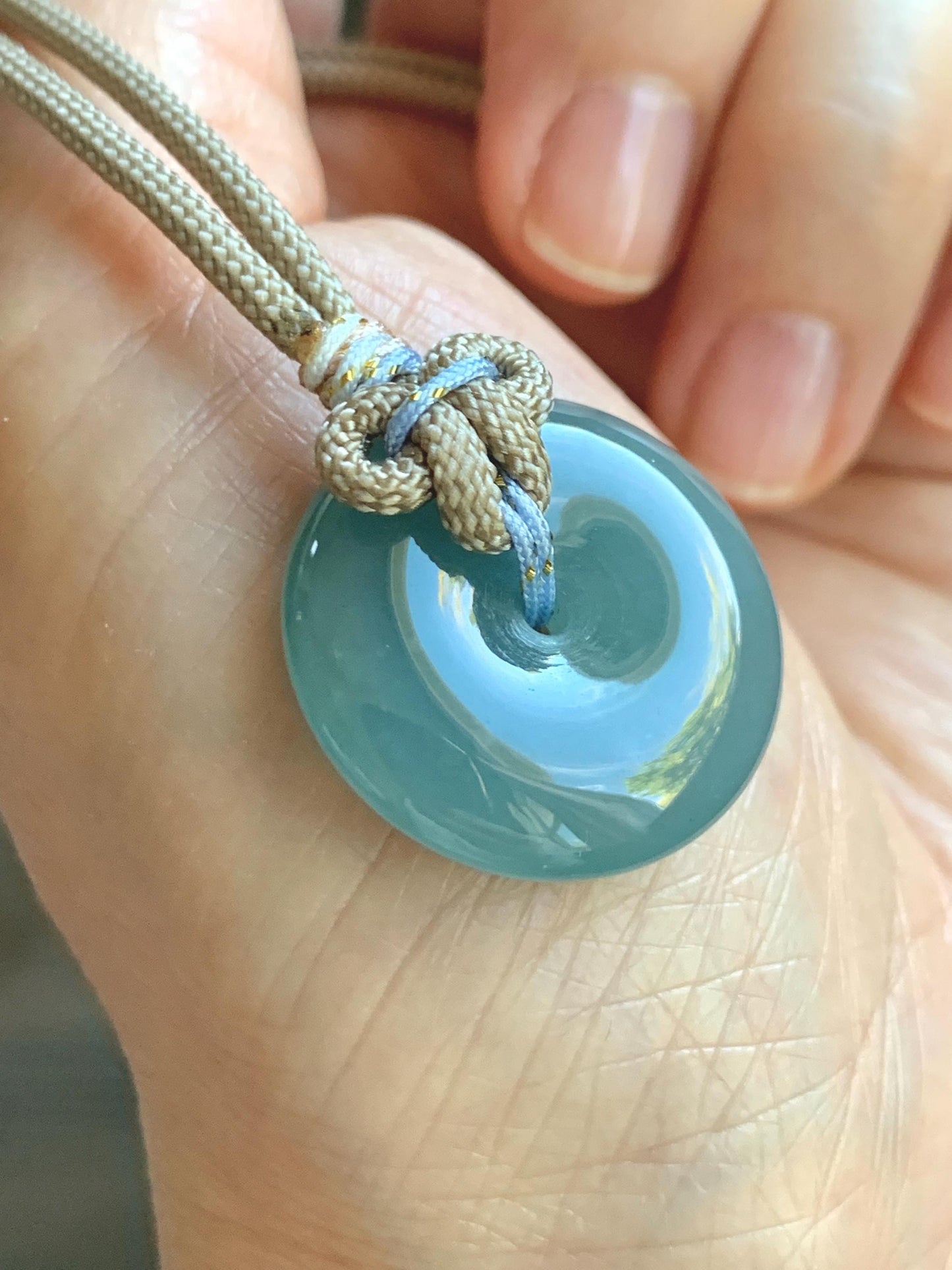 Natural Grade A Guatemalan Icy Highly Translucent Dusty Blue Jade Jadeite Ping An Kou Donut Pendant Rope Necklace 25" 天然冰危蓝翡翠平安扣吊坠项链 WLP88
