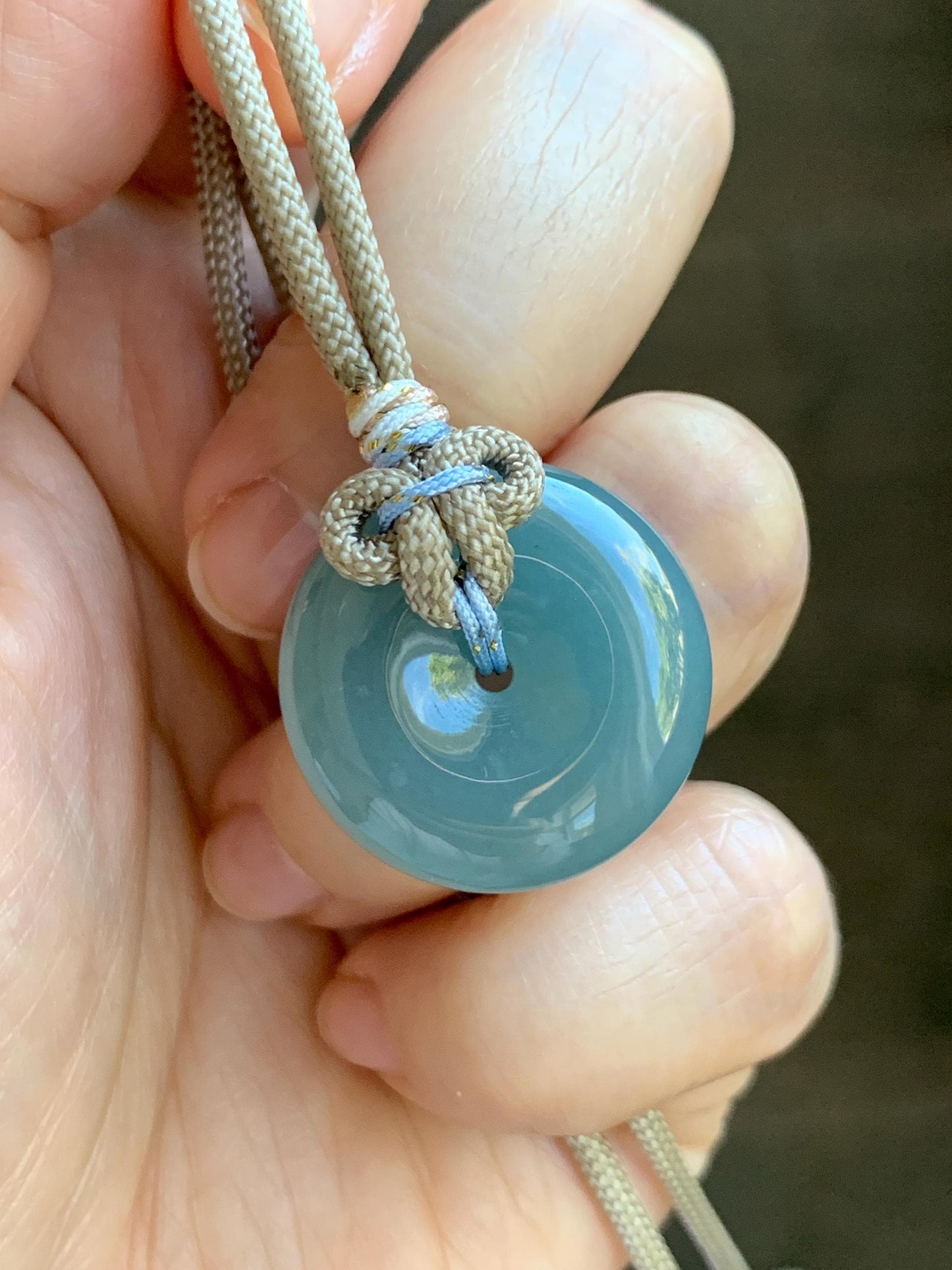Natural Grade A Guatemalan Icy Highly Translucent Dusty Blue Jade Jadeite Ping An Kou Donut Pendant Rope Necklace 25" 天然冰危蓝翡翠平安扣吊坠项链 WLP88