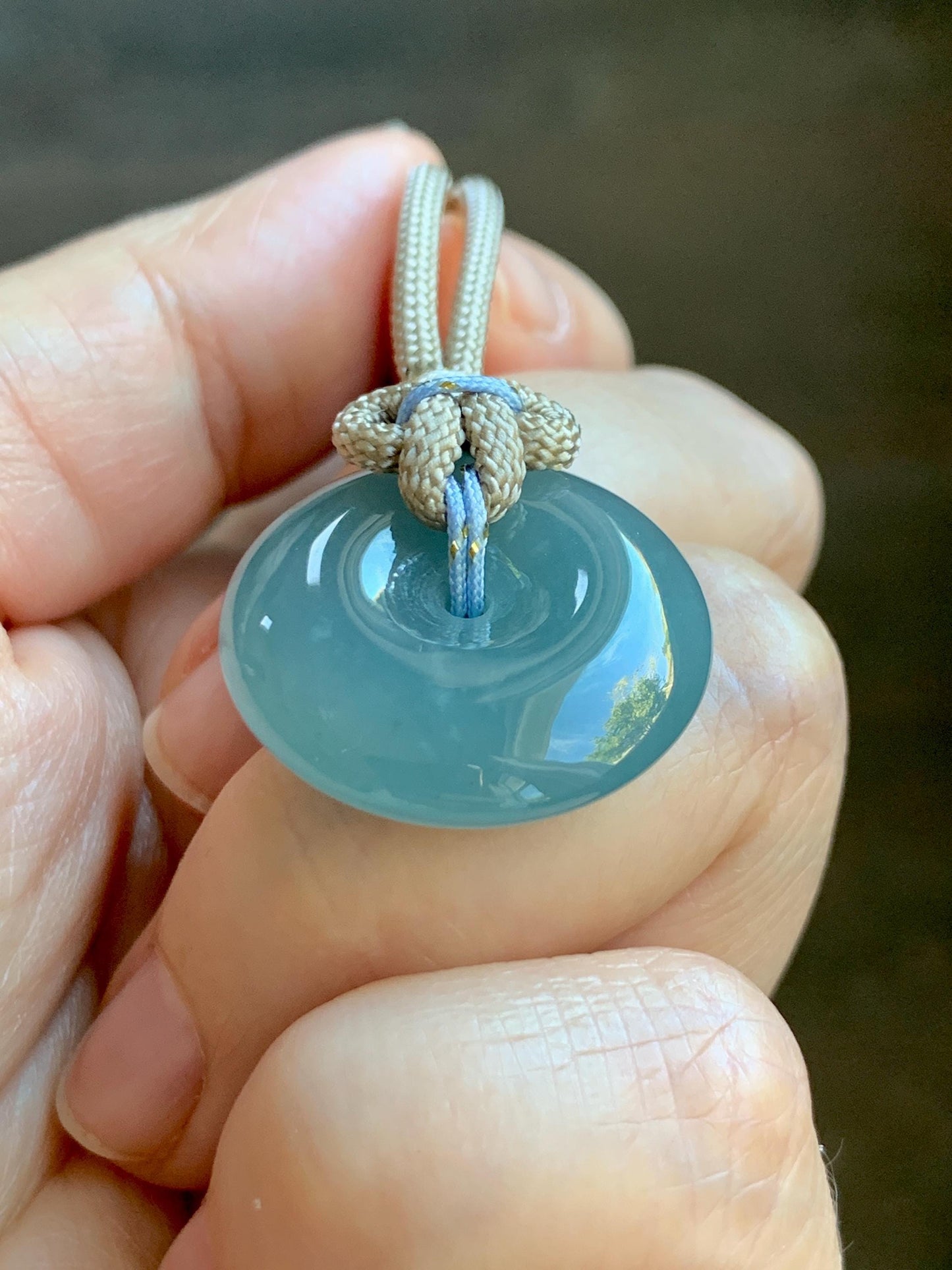 Natural Grade A Guatemalan Icy Highly Translucent Dusty Blue Jade Jadeite Ping An Kou Donut Pendant Rope Necklace 25" 天然冰危蓝翡翠平安扣吊坠项链 WLP88