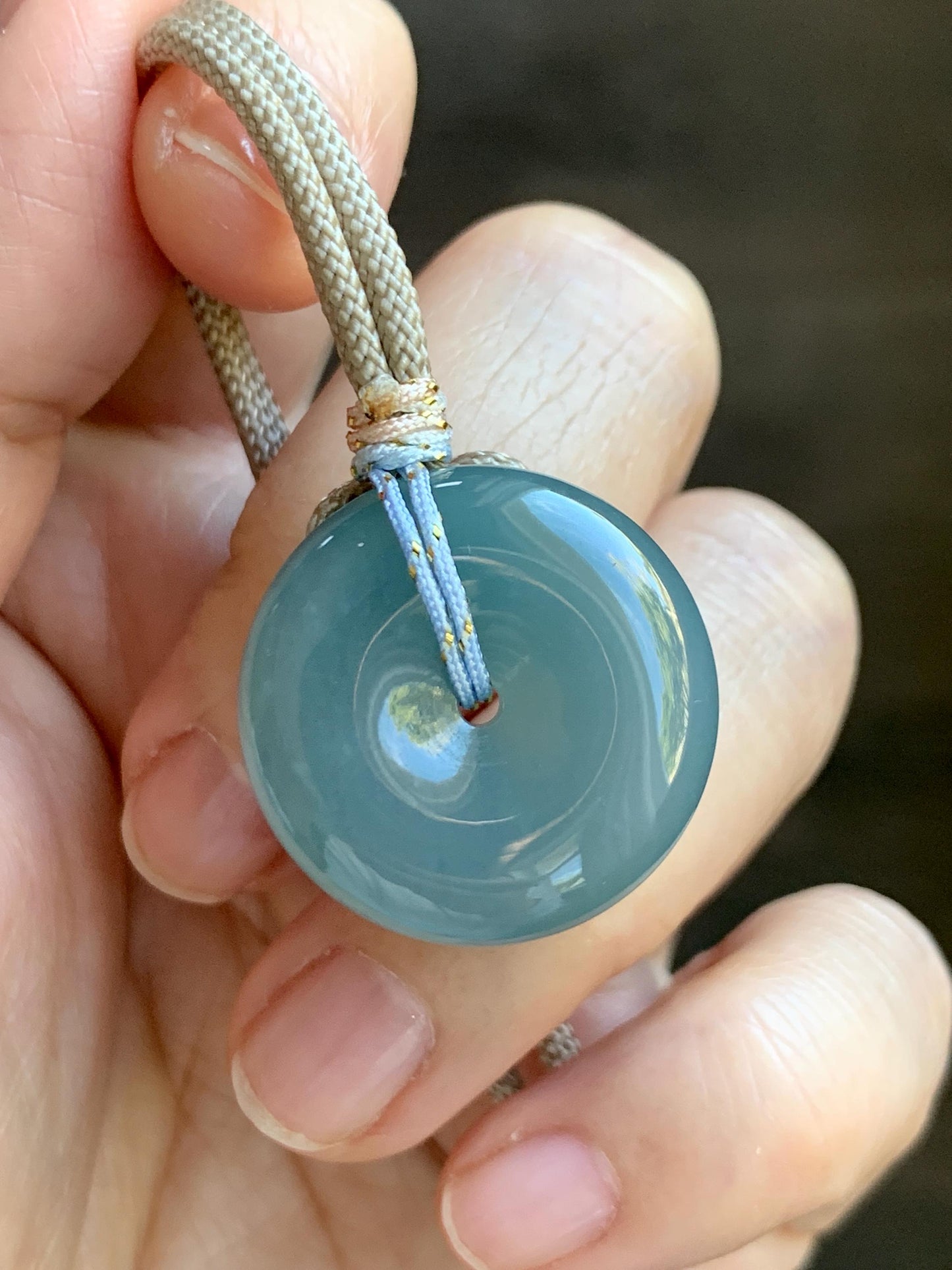 Natural Grade A Guatemalan Icy Highly Translucent Dusty Blue Jade Jadeite Ping An Kou Donut Pendant Rope Necklace 25" 天然冰危蓝翡翠平安扣吊坠项链 WLP88
