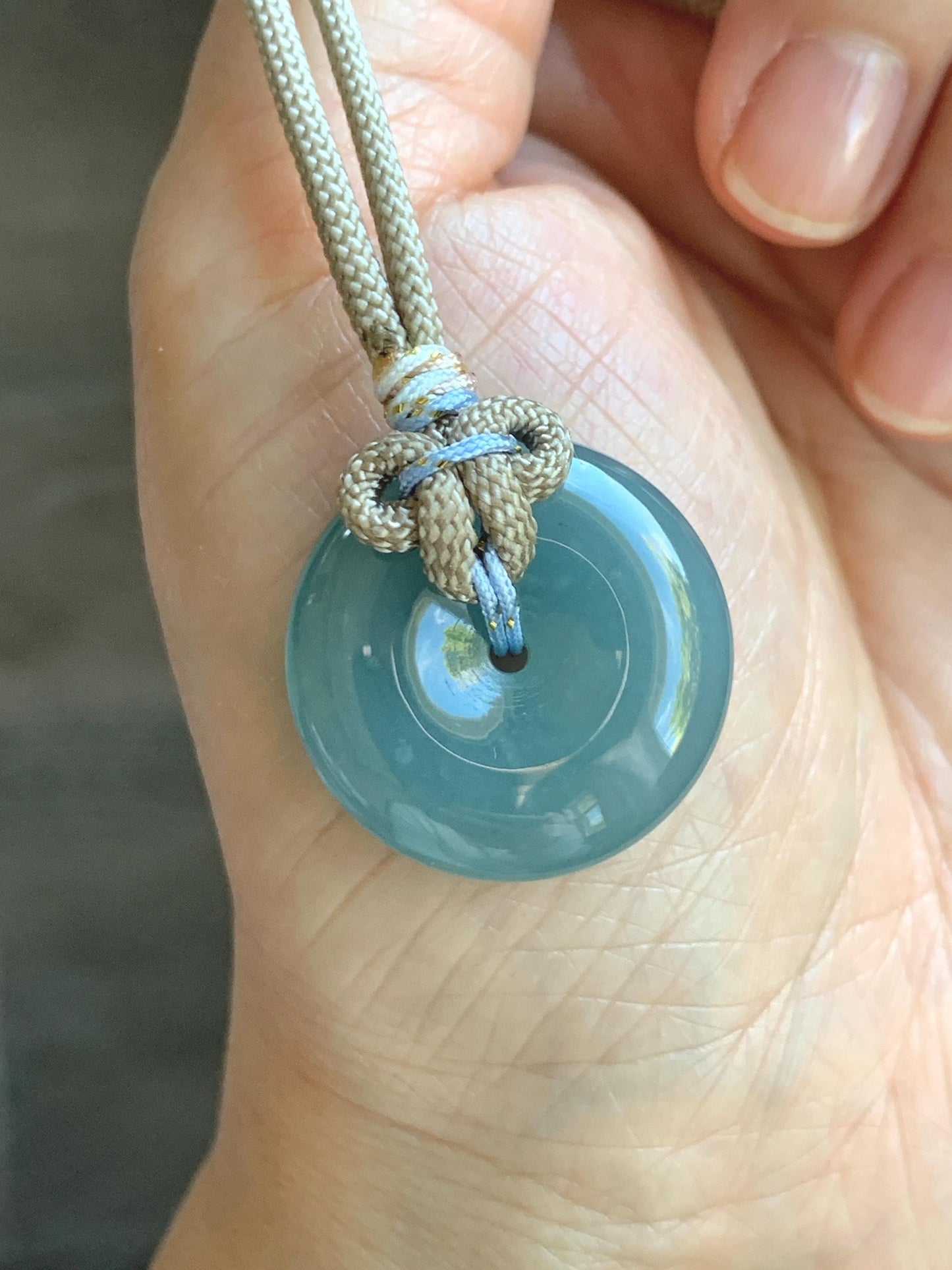 Natural Grade A Guatemalan Icy Highly Translucent Dusty Blue Jade Jadeite Ping An Kou Donut Pendant Rope Necklace 25" 天然冰危蓝翡翠平安扣吊坠项链 WLP88