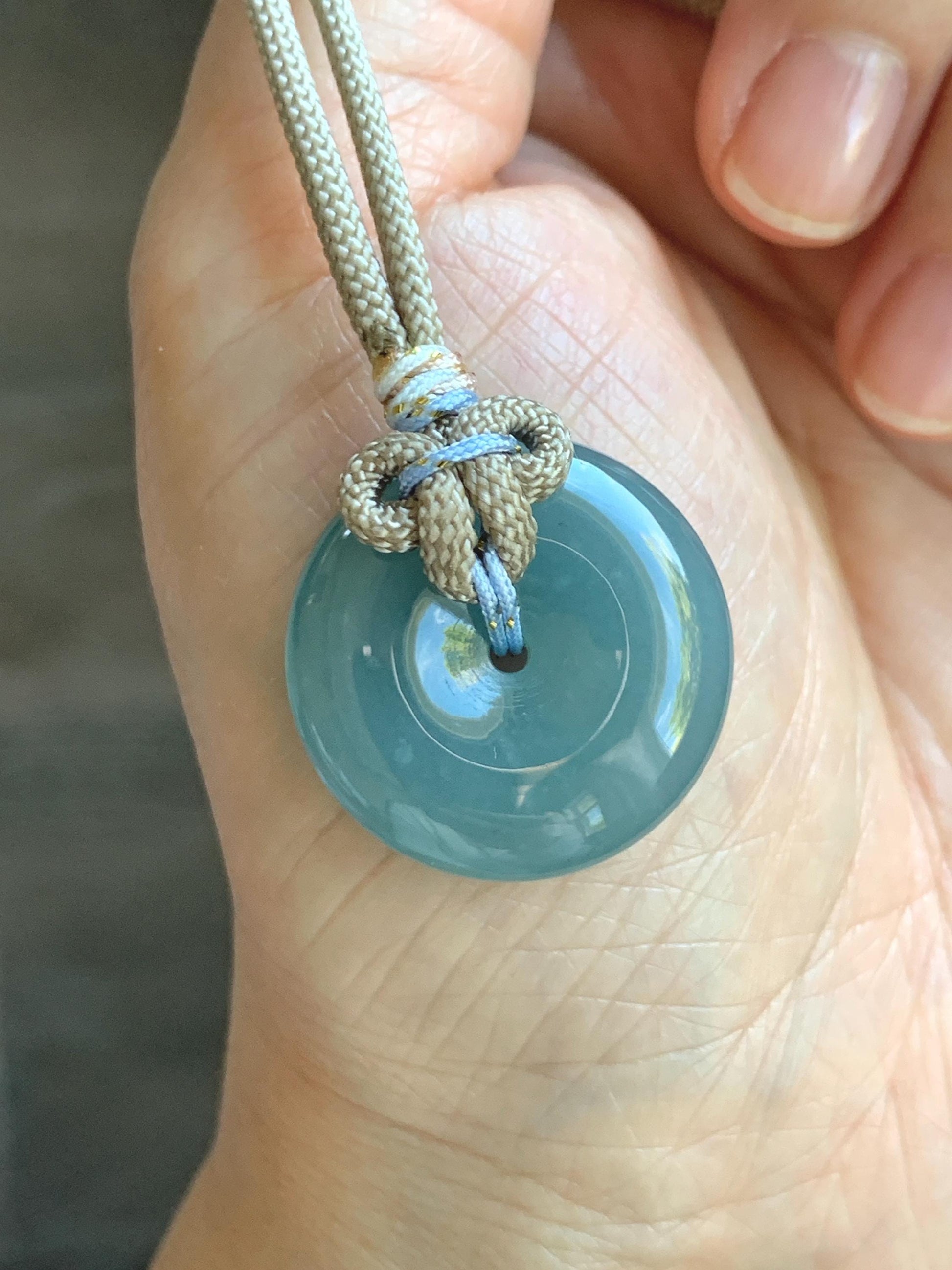 Natural Grade A Guatemalan Icy Highly Translucent Dusty Blue Jade Jadeite Ping An Kou Donut Pendant Rope Necklace 25" 天然冰危蓝翡翠平安扣吊坠项链 WLP88