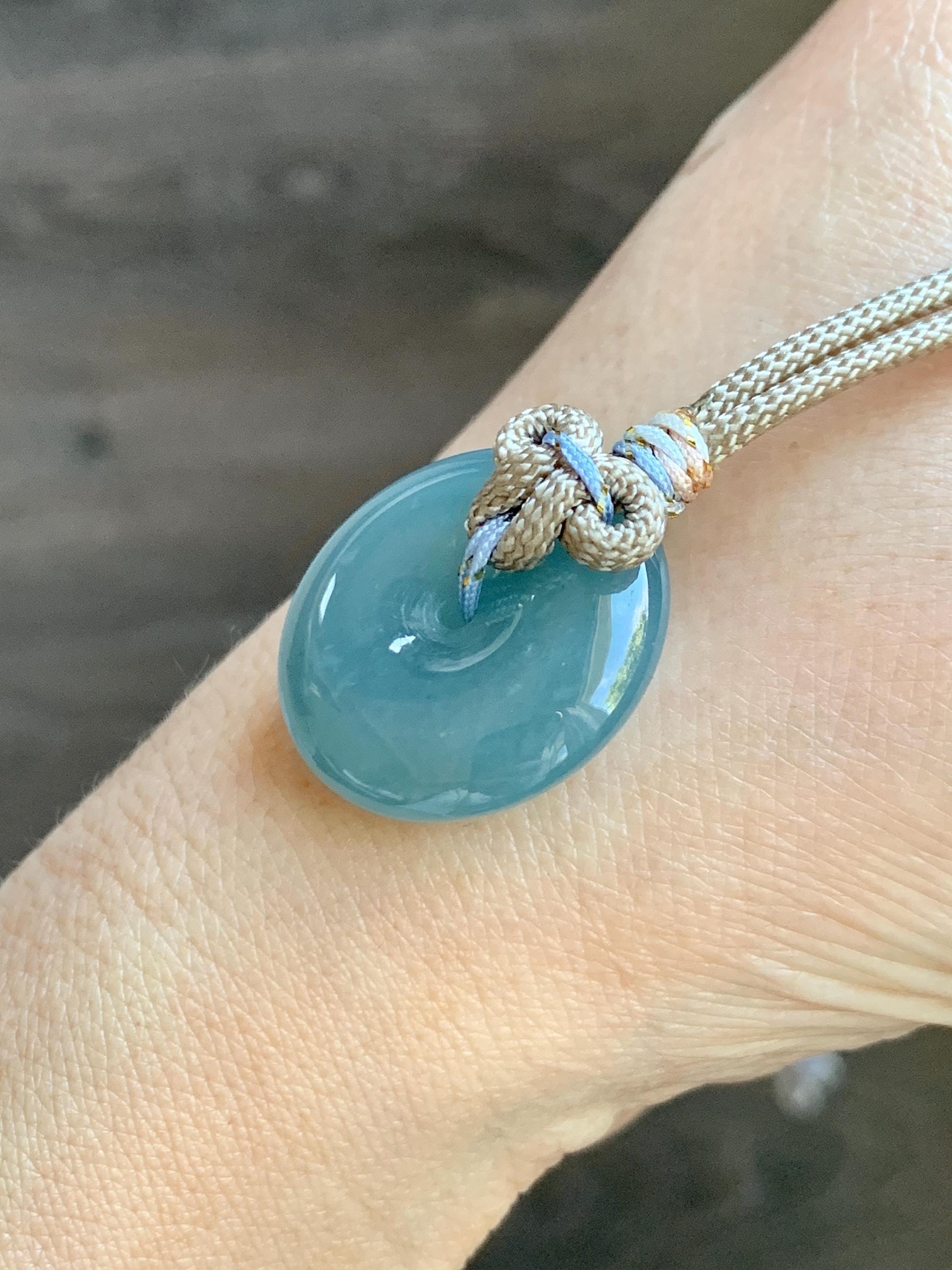 Natural Grade A Guatemalan Icy Highly Translucent Dusty Blue Jade Jadeite Ping An Kou Donut Pendant Rope Necklace 25" 天然冰危蓝翡翠平安扣吊坠项链 WLP88