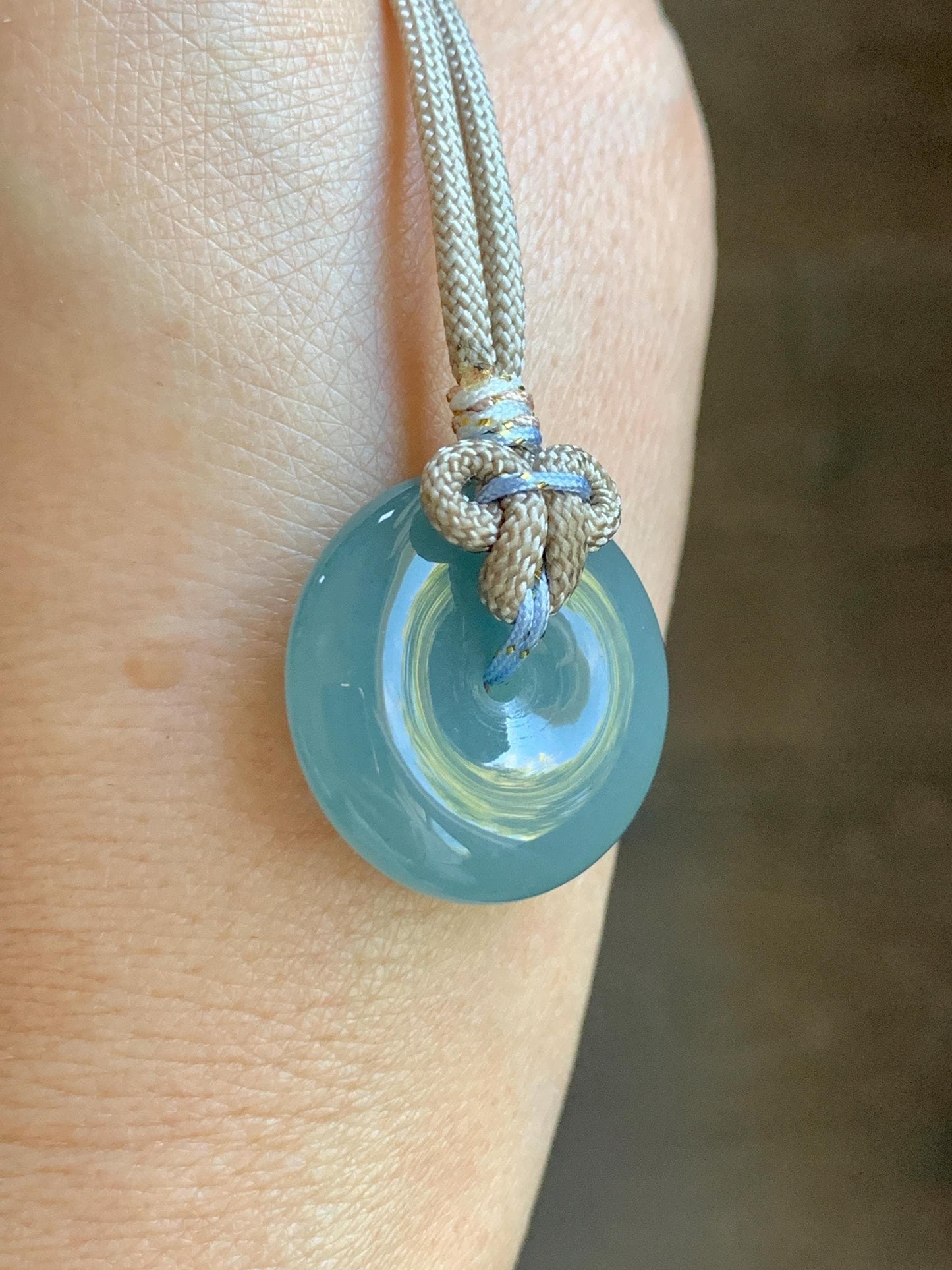 Natural Grade A Guatemalan Icy Highly Translucent Dusty Blue Jade Jadeite Ping An Kou Donut Pendant Rope Necklace 25" 天然冰危蓝翡翠平安扣吊坠项链 WLP88