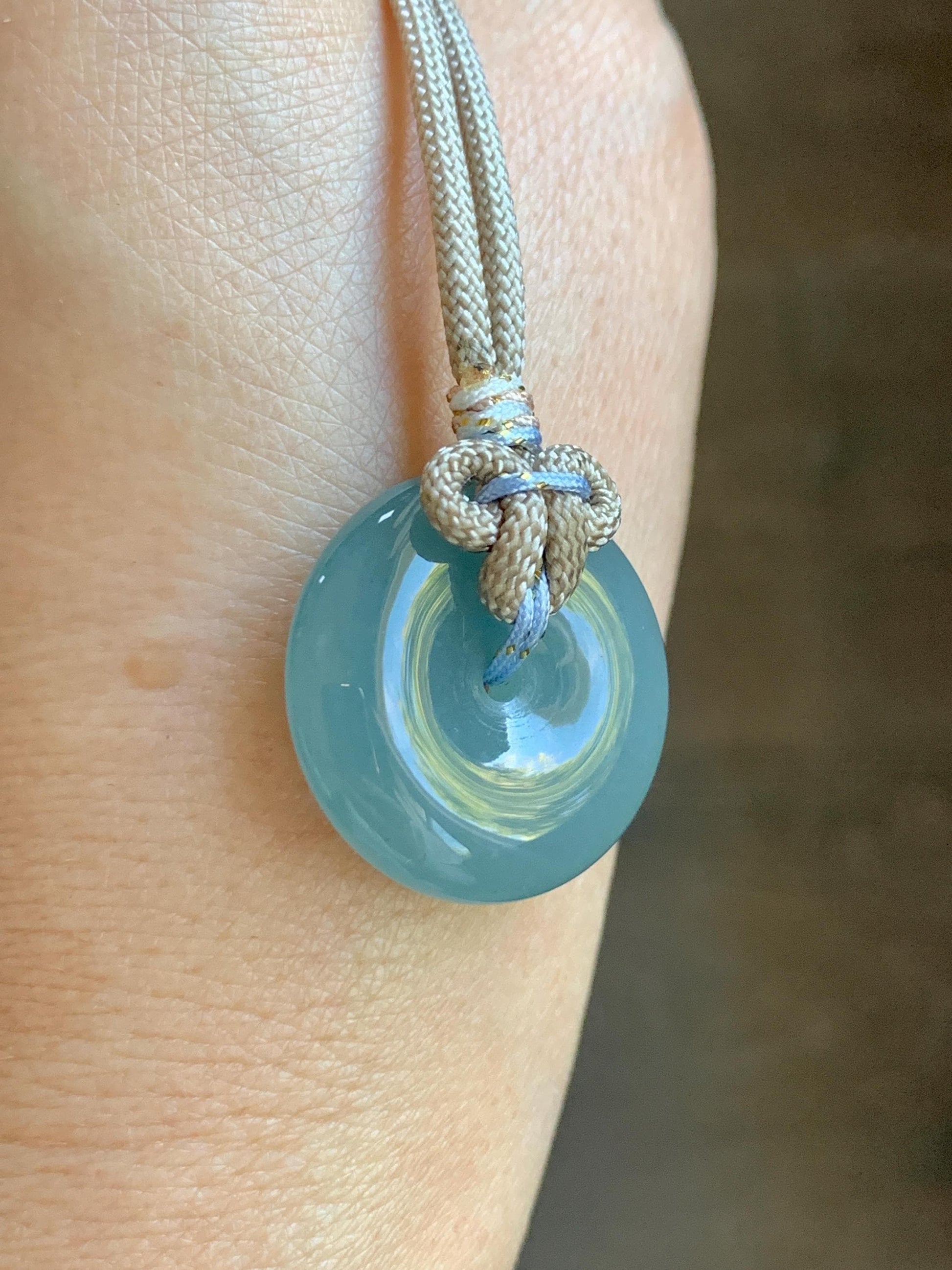 Natural Grade A Guatemalan Icy Highly Translucent Dusty Blue Jade Jadeite Ping An Kou Donut Pendant Rope Necklace 25" 天然冰危蓝翡翠平安扣吊坠项链 WLP88