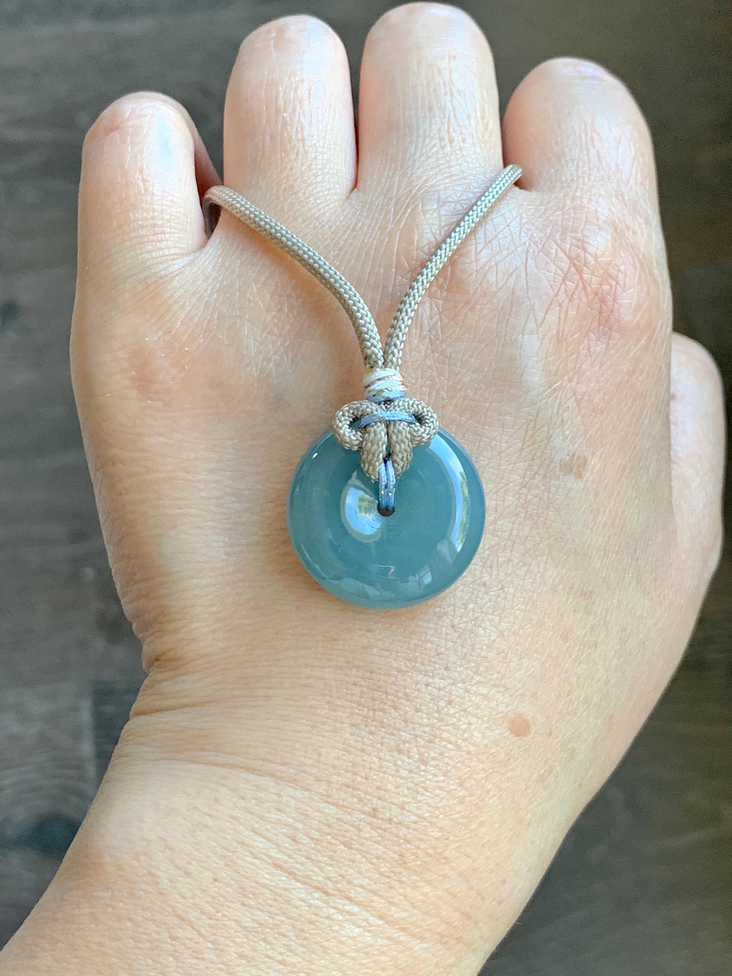 Natural Grade A Guatemalan Icy Highly Translucent Dusty Blue Jade Jadeite Ping An Kou Donut Pendant Rope Necklace 25" 天然冰危蓝翡翠平安扣吊坠项链 WLP88