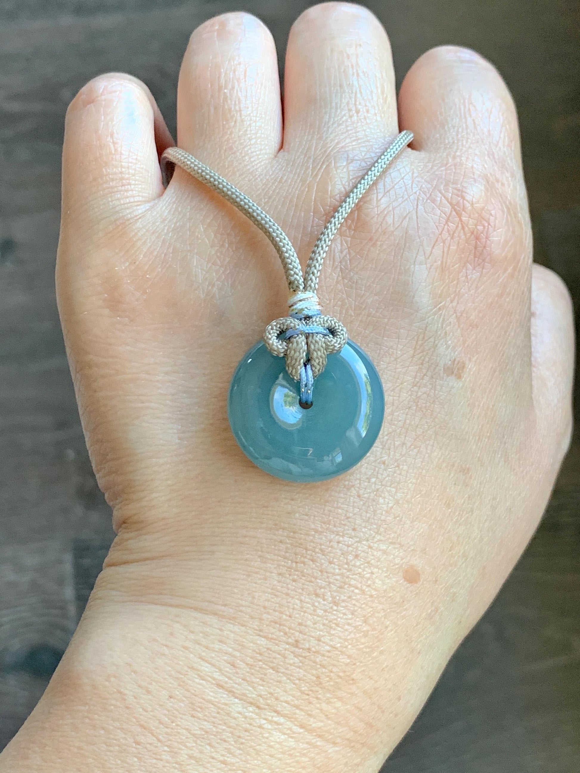 Natural Grade A Guatemalan Icy Highly Translucent Dusty Blue Jade Jadeite Ping An Kou Donut Pendant Rope Necklace 25" 天然冰危蓝翡翠平安扣吊坠项链 WLP88