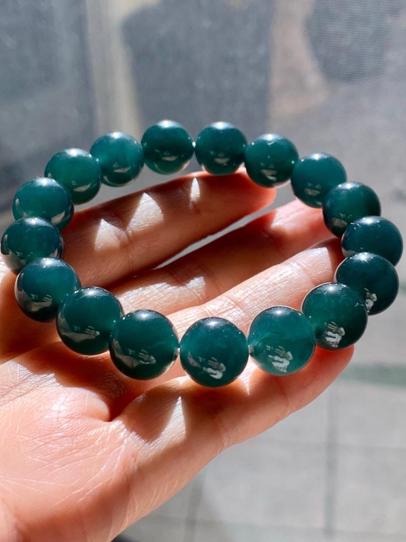 Natural Guatemalan Grade A Icy Translucent Dark Teal Green Jade Jadeite Beaded Bracelet Stretchy 11.8mm 7.25” 47g 天然冰危老种深蓝绿翡翠圆珠手串 SLW328