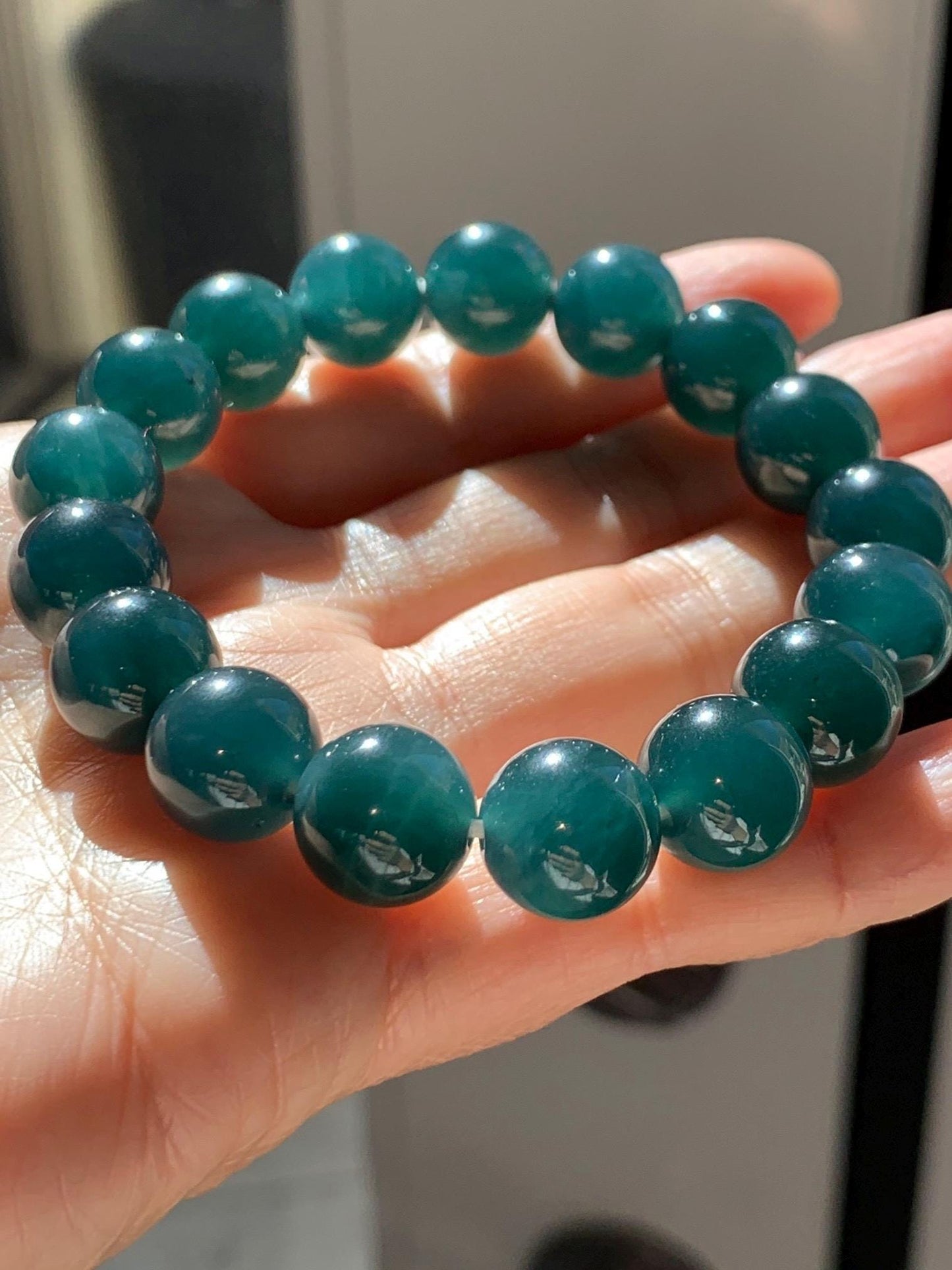 Natural Guatemalan Grade A Icy Translucent Dark Teal Green Jade Jadeite Beaded Bracelet Stretchy 11.8mm 7.25” 47g 天然冰危老种深蓝绿翡翠圆珠手串 SLW328