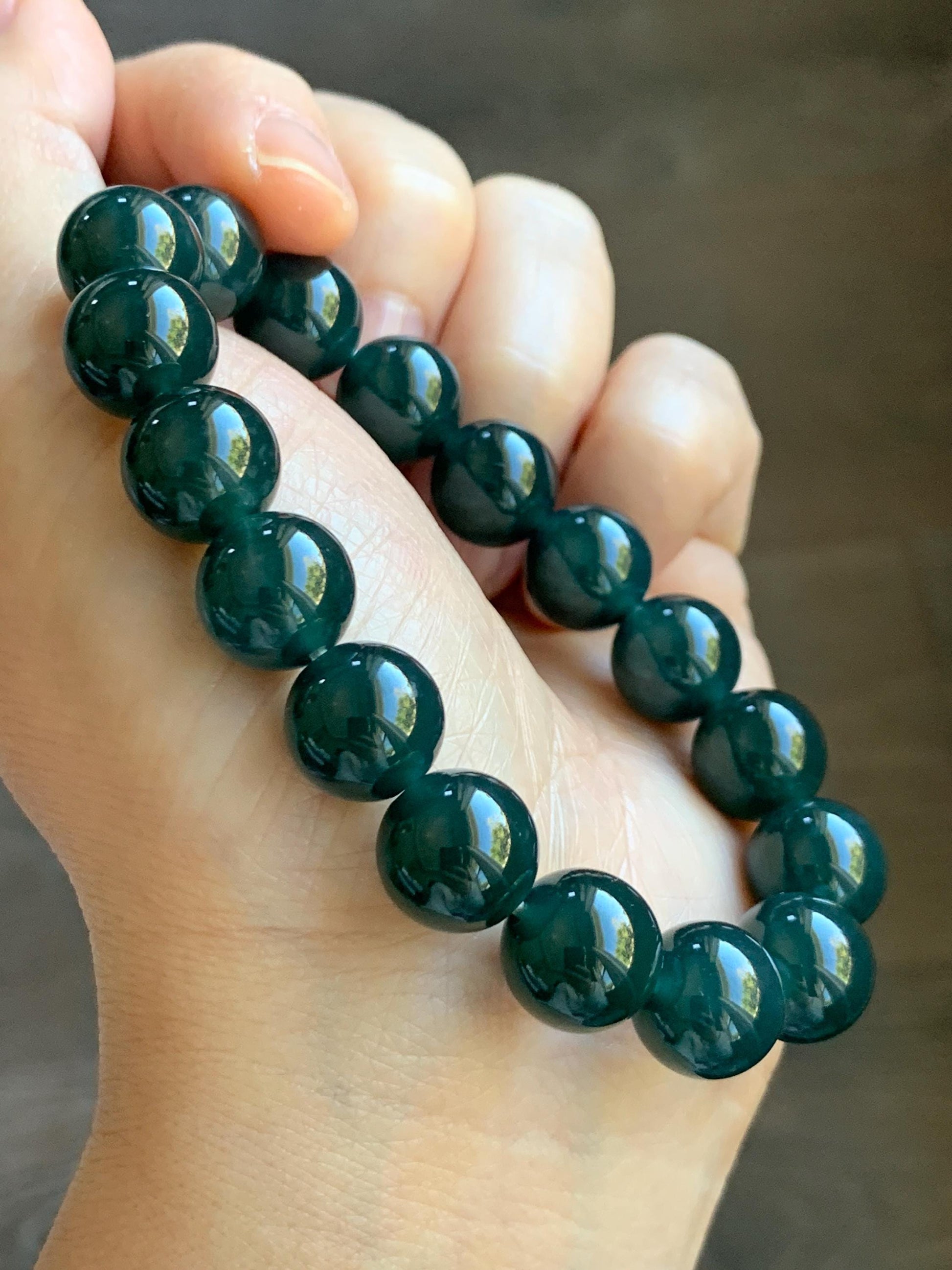 Natural Guatemalan Grade A Icy Translucent Dark Teal Green Jade Jadeite Beaded Bracelet Stretchy 11.8mm 7.25” 47g 天然冰危老种深蓝绿翡翠圆珠手串 SLW328
