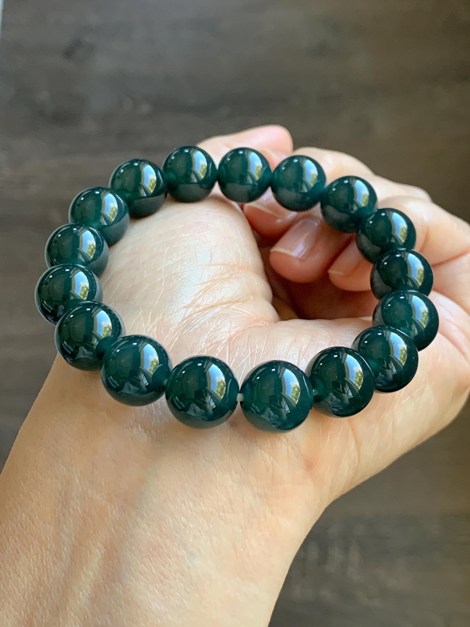 Natural Guatemalan Grade A Icy Translucent Dark Teal Green Jade Jadeite Beaded Bracelet Stretchy 11.8mm 7.25” 47g 天然冰危老种深蓝绿翡翠圆珠手串 SLW328